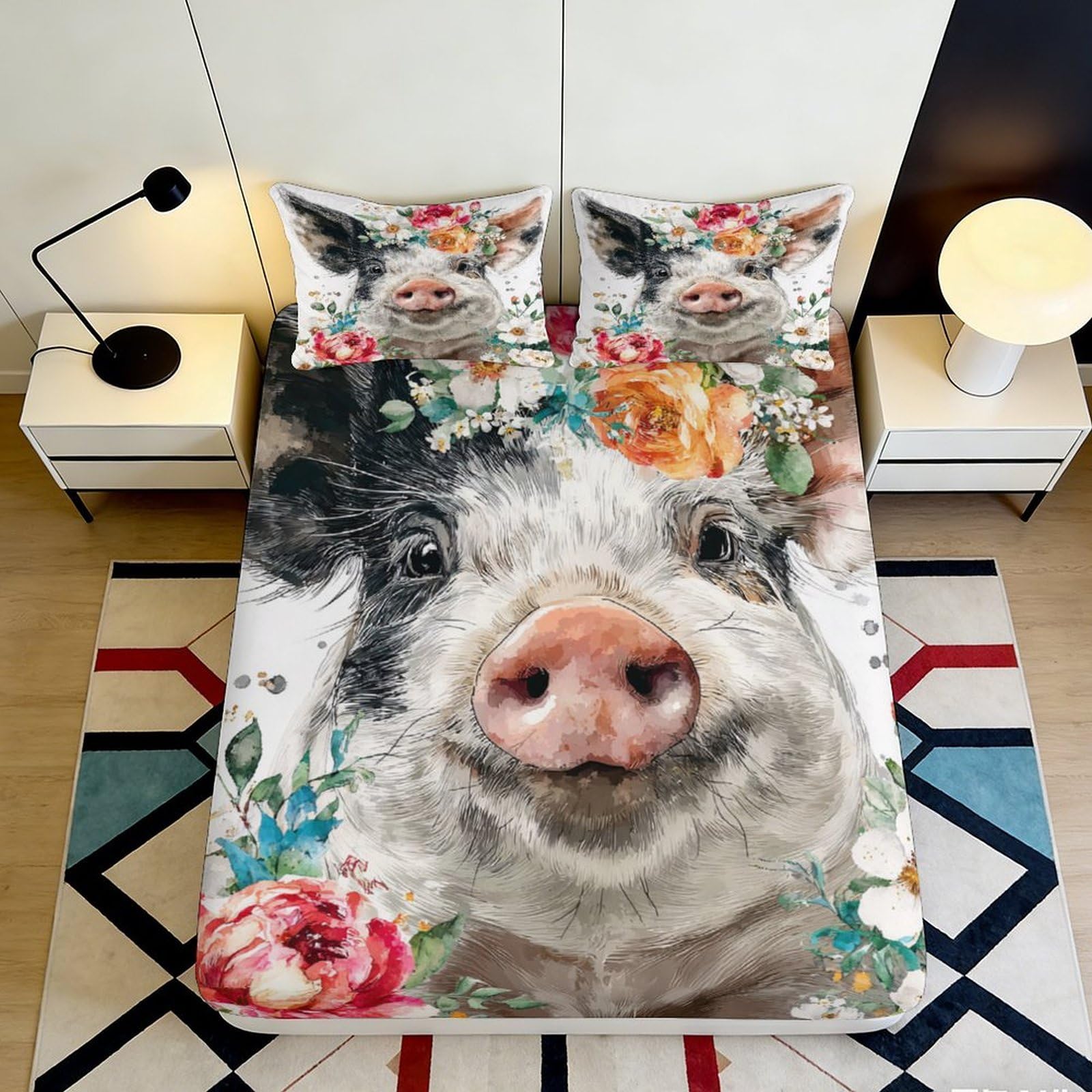 Jqzkxnhpbr Style-10 3D Printed Pig Floral Fitted Sheet Microfiber Soft Breathable Animal Art Mattress Cover For Bedroom Guest Room Decor 90X200x25cm