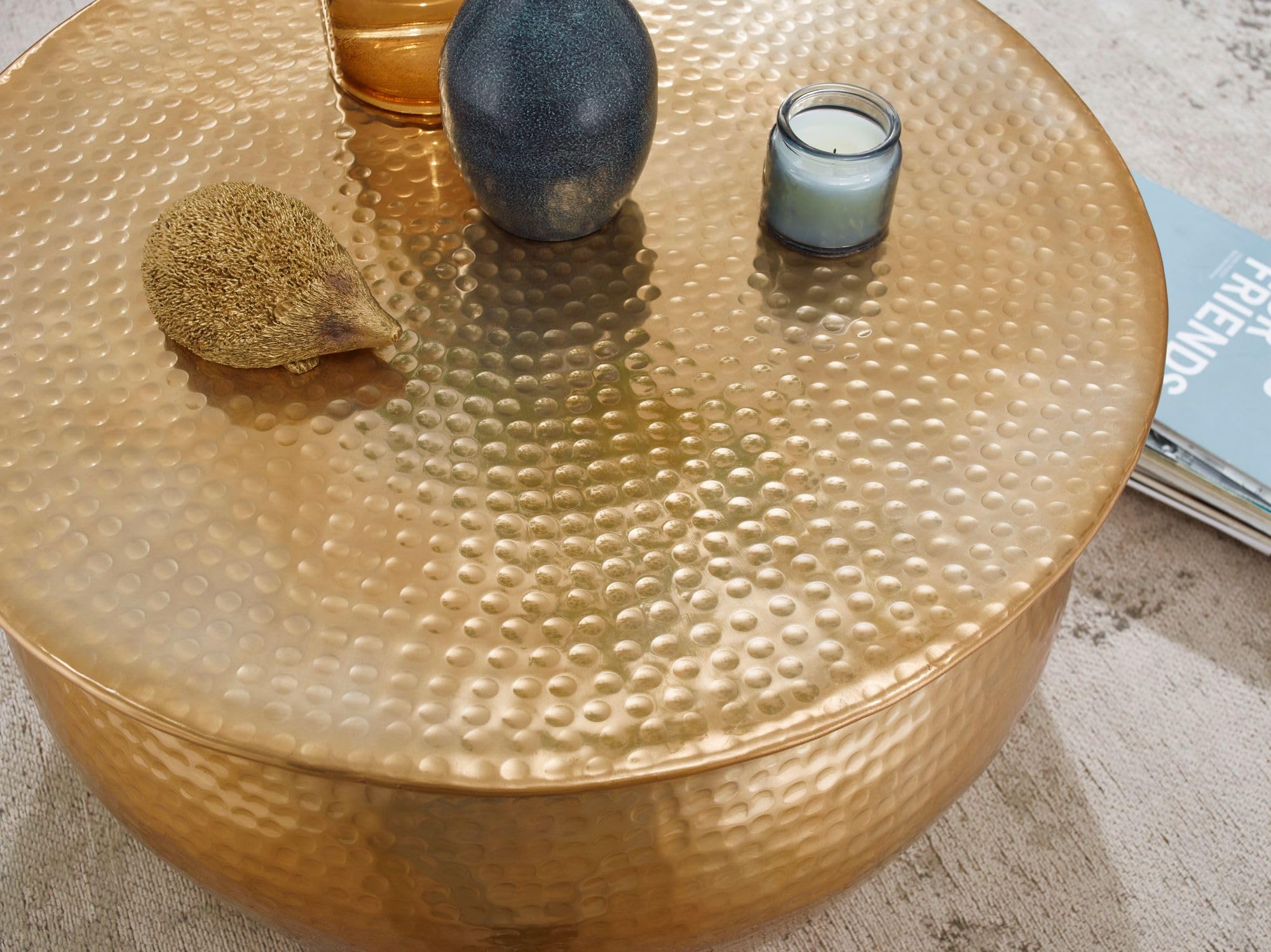 FineBuy Tavolino Salotto Metallo 60x30,5x60 cm Tavolino da Esterno Oro Martellato | Tavolo da Soggiorno Rotondo | Design Tavolino Moderno