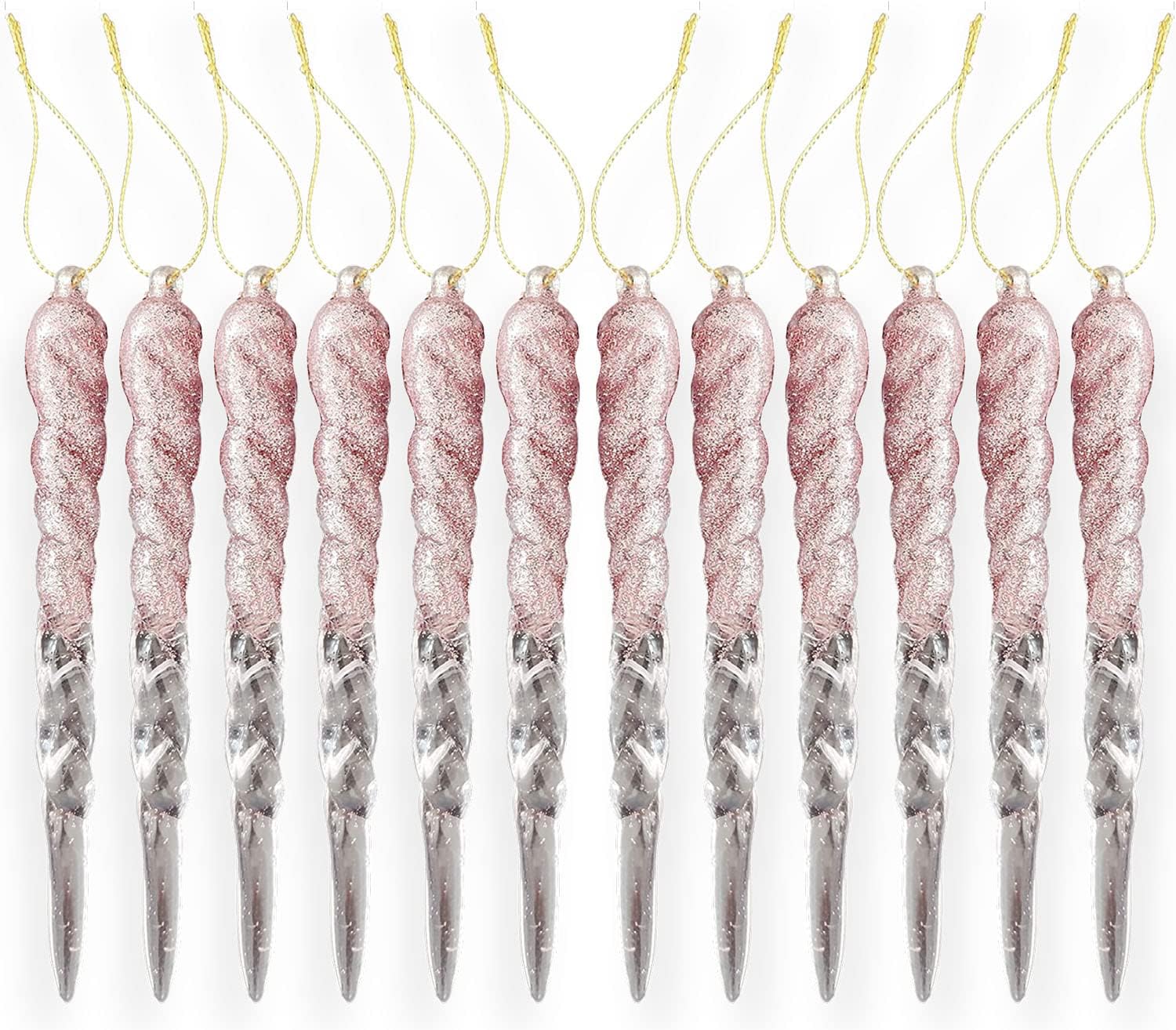 AKH® 13CM / 5" Christmas Hanging Icicles | Icicles Ornaments Bubbles Christmas Tree Decorations | Pack of 12 | Glitter Baubles Christmas Tree Icicle Decorations Hanging (Rose Gold)