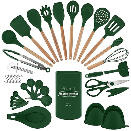 Country Kitchen Non Stick Silicone Utensil Set with Rounded Wood Handles for Cooking and Baking, 38 Piece Set, Green - 38 Piece Set - Green