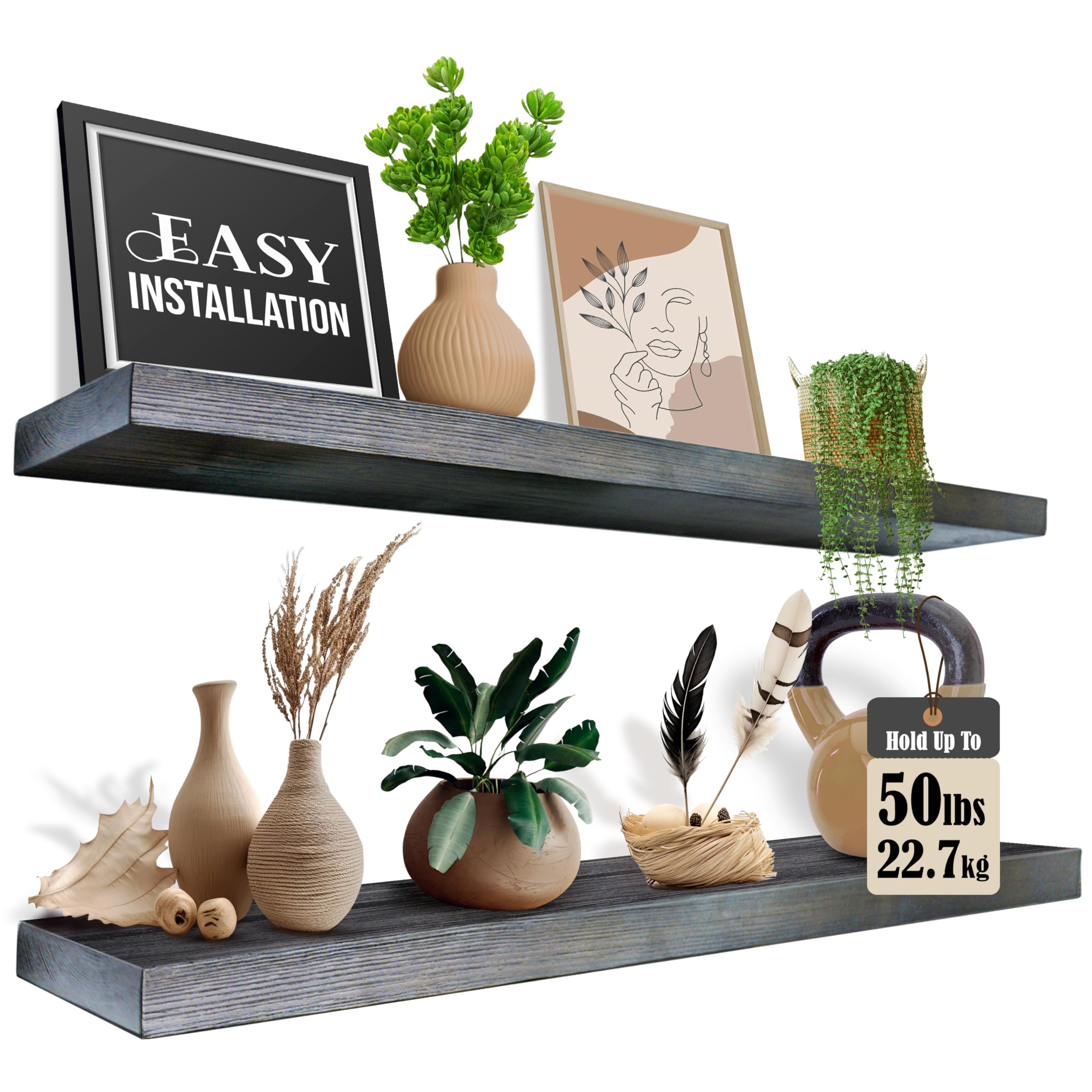 WG WILLOW & GRACE DESIGNS Floating Wall Shelves - Set of 2 Real Wood 36-inch Hanging Shelves for Bathroom, Kitchen, and Living Room - Dark Walnut