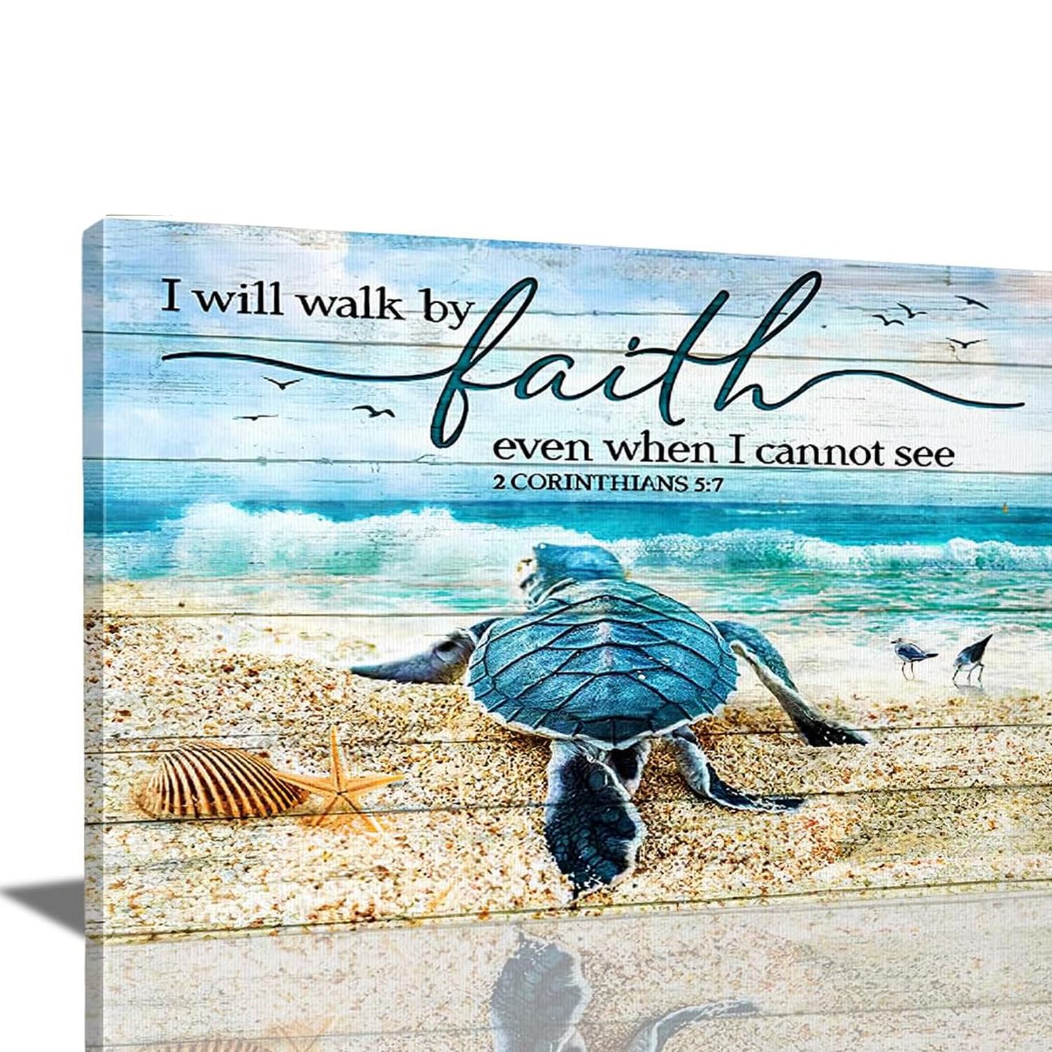 Scripture Holy Bible Wall Art Teal Sea Turtle Walk by Faith Canvas Print Quotes Framed Artwork Blue Ocean Beach Coast Scenery Poster Motivational