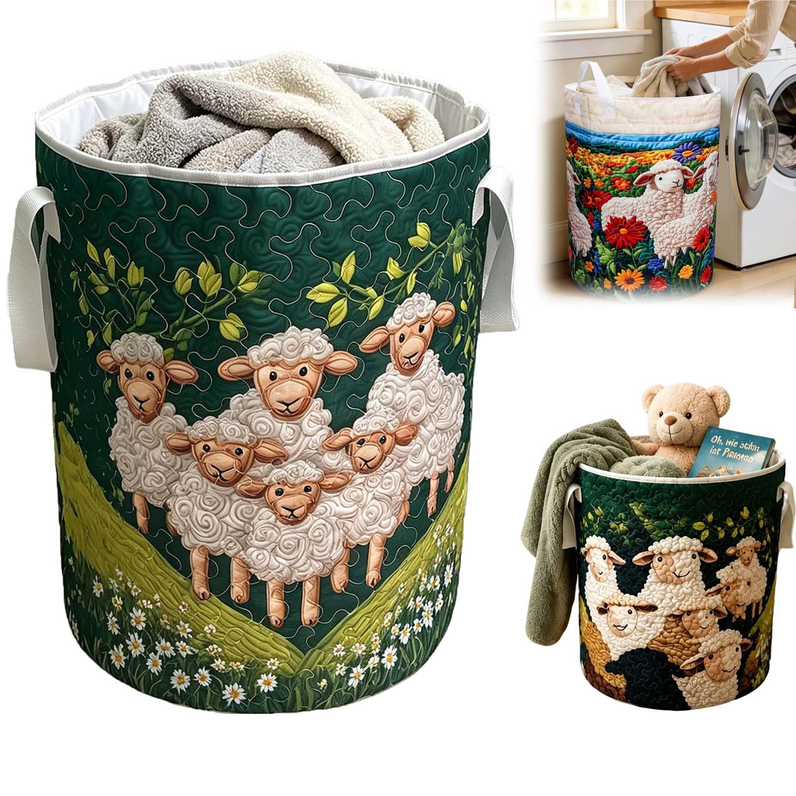 Wäschekorb Schäfchen für Kinderzimmer, Faltbarer Stoff Aufbewahrungskorb mit Griffen, Großer Wäschekorb Schafe für Spielzeug (C, 20"X28")