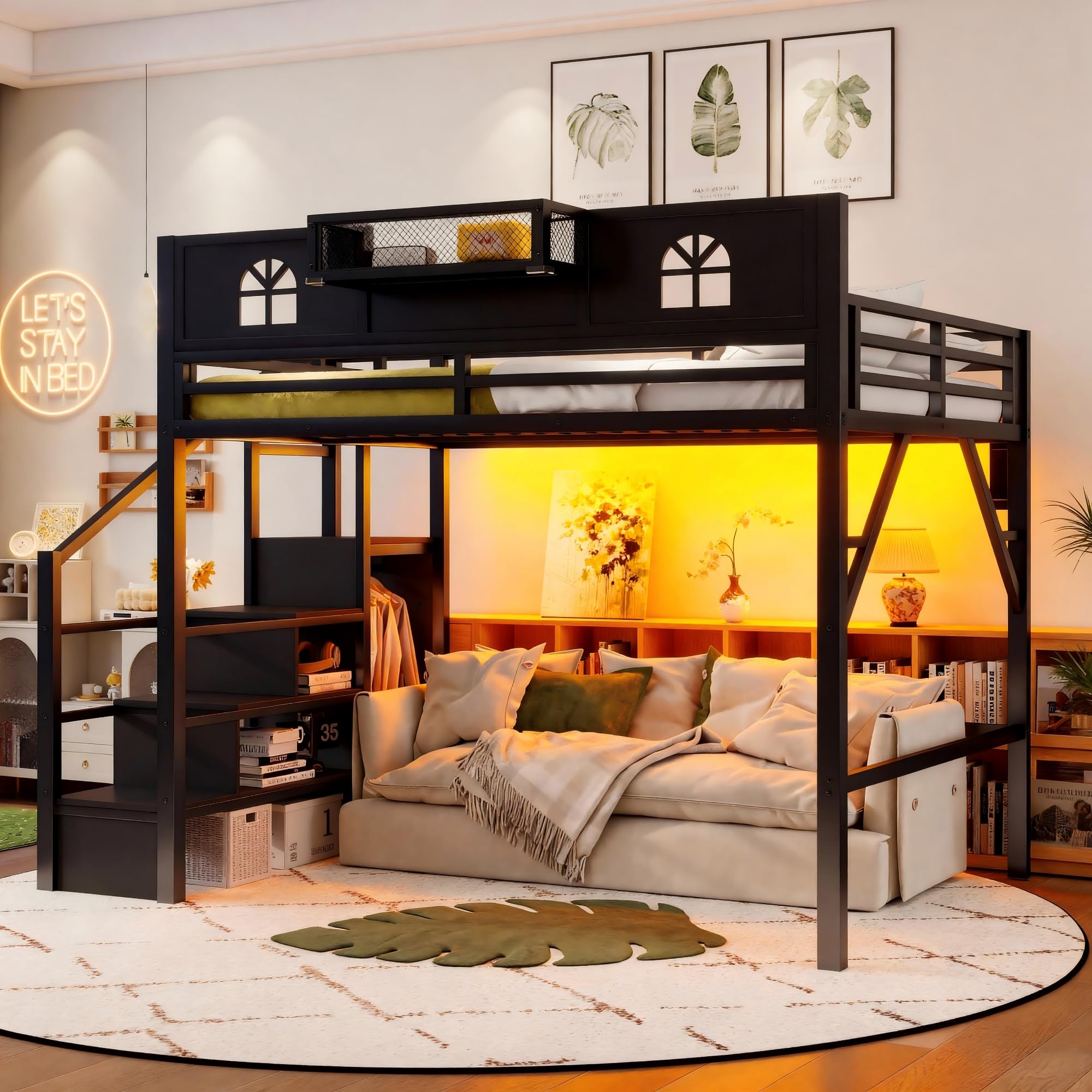 Queen Size Loft Bed with Wardrobe, Storage Stairs & Charging Station, Heavy-Duty Loft Beds for Adults with LED Lights, 800 lbs Capacity, Extra-Tall Guardrails, Black Staircase, White