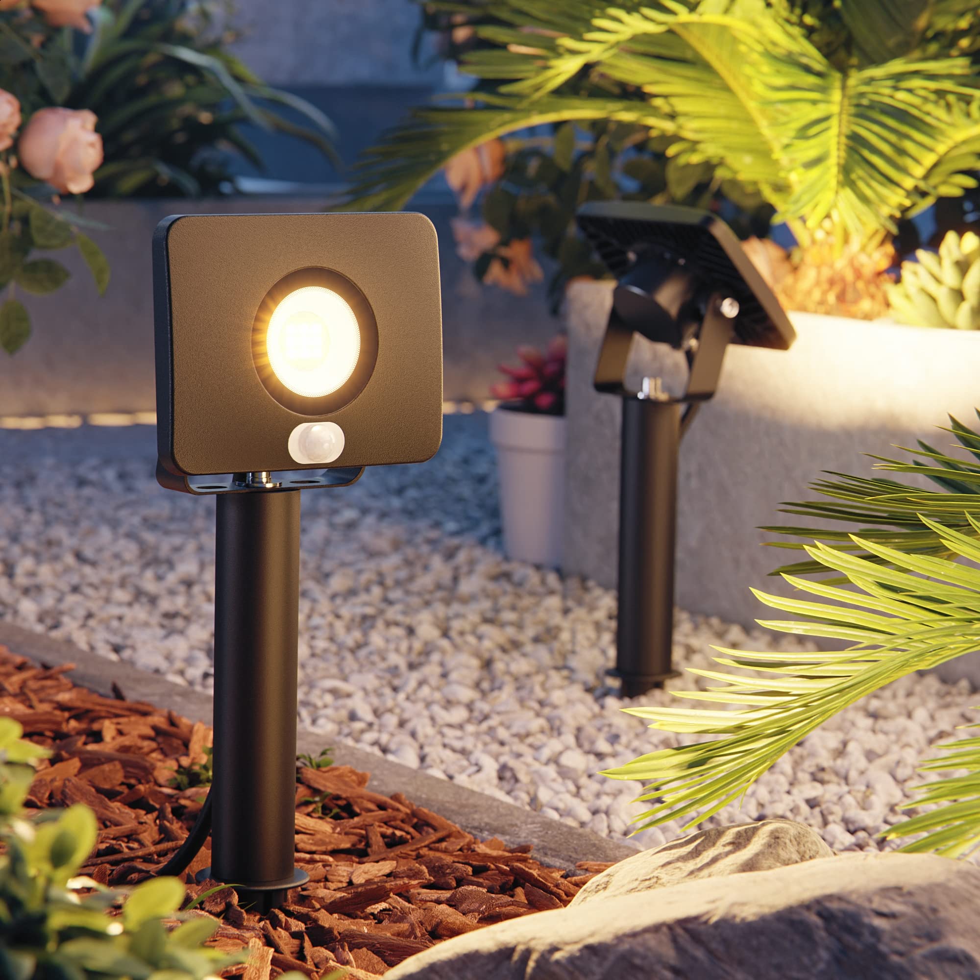 ledscom.de Projecteur de jardin LED Wega avec piquet de terre et socle de 15cm pour l'extérieur avec détecteur de mouvement, noir, 10,837W, 944lm, blanc chaud