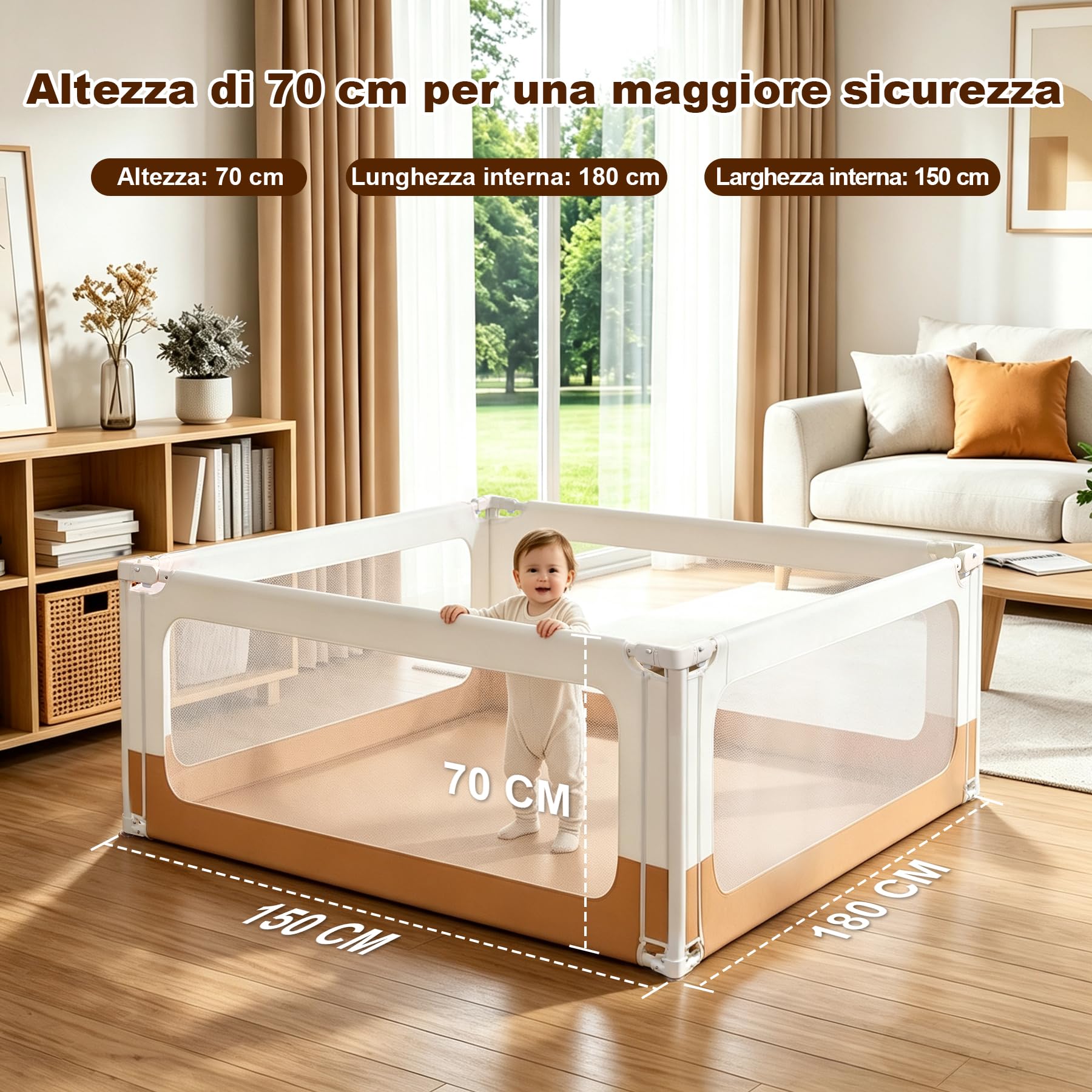 Box Bambini 150x180 cm, Recinto per Bambini e Neonati, Box Gioco da Interno con Rete Traspirante, Doppia Chiusura di Sicurezza, Angoli Rinforzati, Ideale per Gattonare e Camminare