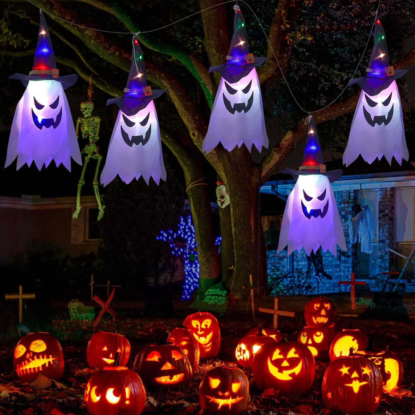NALACALOutdoor Halloween Decorations - Glowing Hanging Ghosts with Witch Hats and String Lights for Home, Porch, Garden, Yard, and Indoor Decor