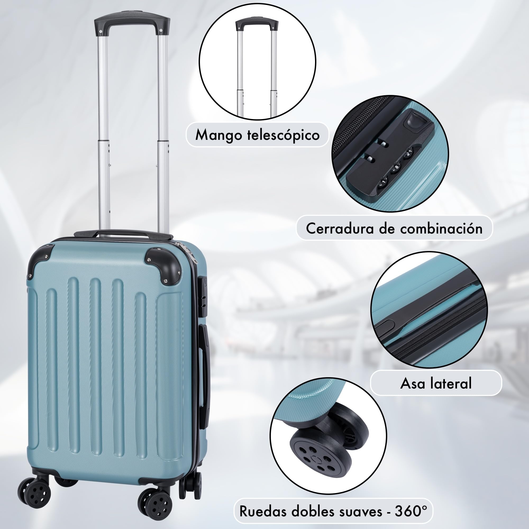 Maleta de Cabina rígida Ligera de ABS con Ruedas Dobles 360°, Tirador telescópico y Asas reforzadas | Equipaje de Mano Compacto y Resistente con Interior Forrado y Compartimentos organizadores