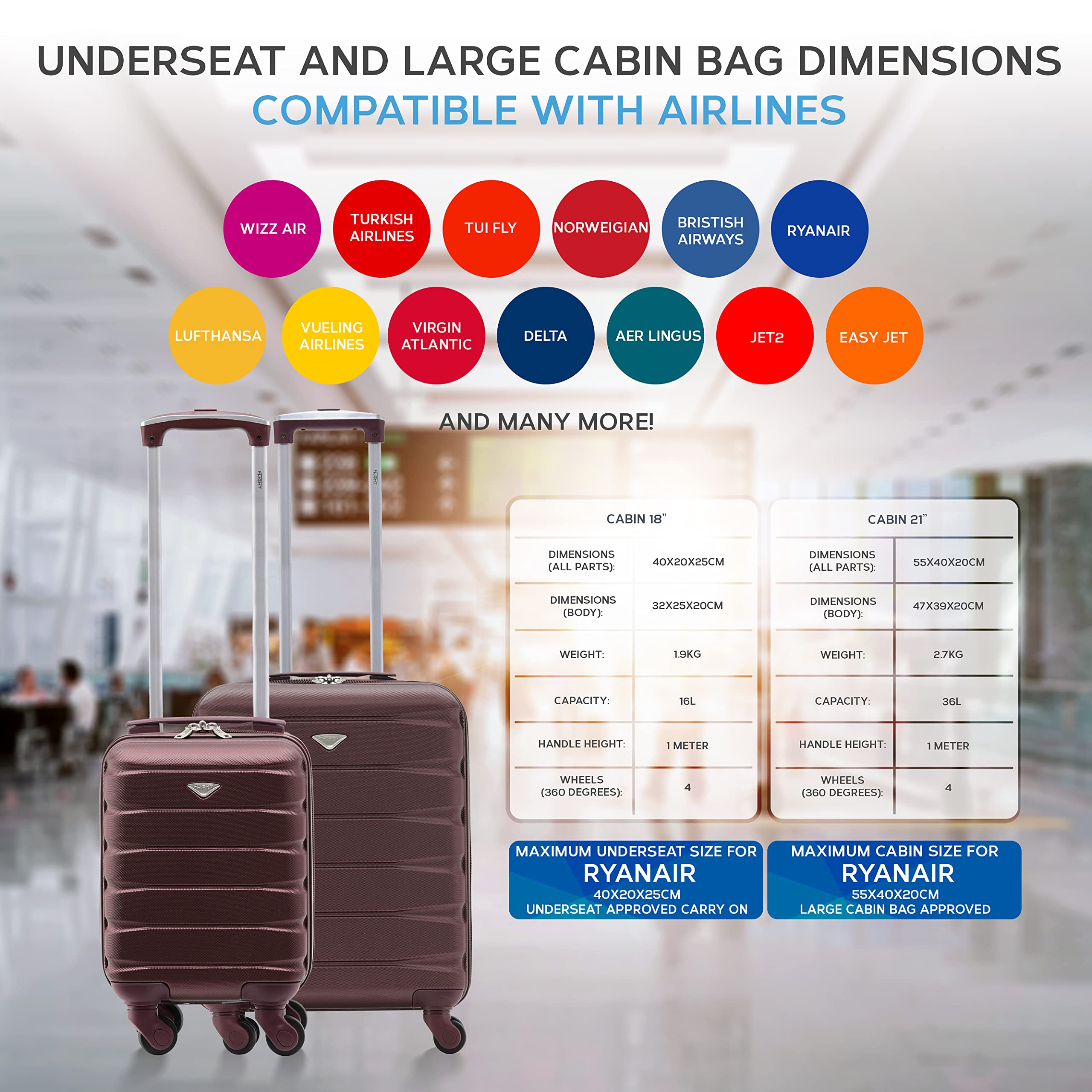 Flight Knight Suitcase Set of 2 Lightweight 4 Wheel ABS Hard Case Cabin Carry On Hand Luggage - easyJet Maximum Size for Overhead Cabin & Under Seat Carry-On - 45x36x20cm & 56x45x25cm