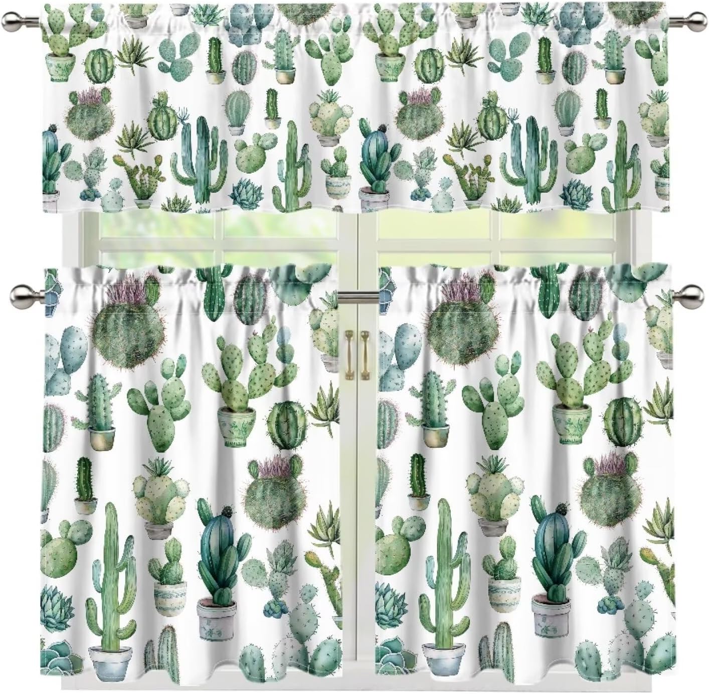 Green Cacti Blackout Curtains for Bedroom Protection of Privacy 3 Piece Kitchen Curtains Rod Pocket Farmhouse Curtains Universal Dining Room Cafe Terrace Camper Door Window