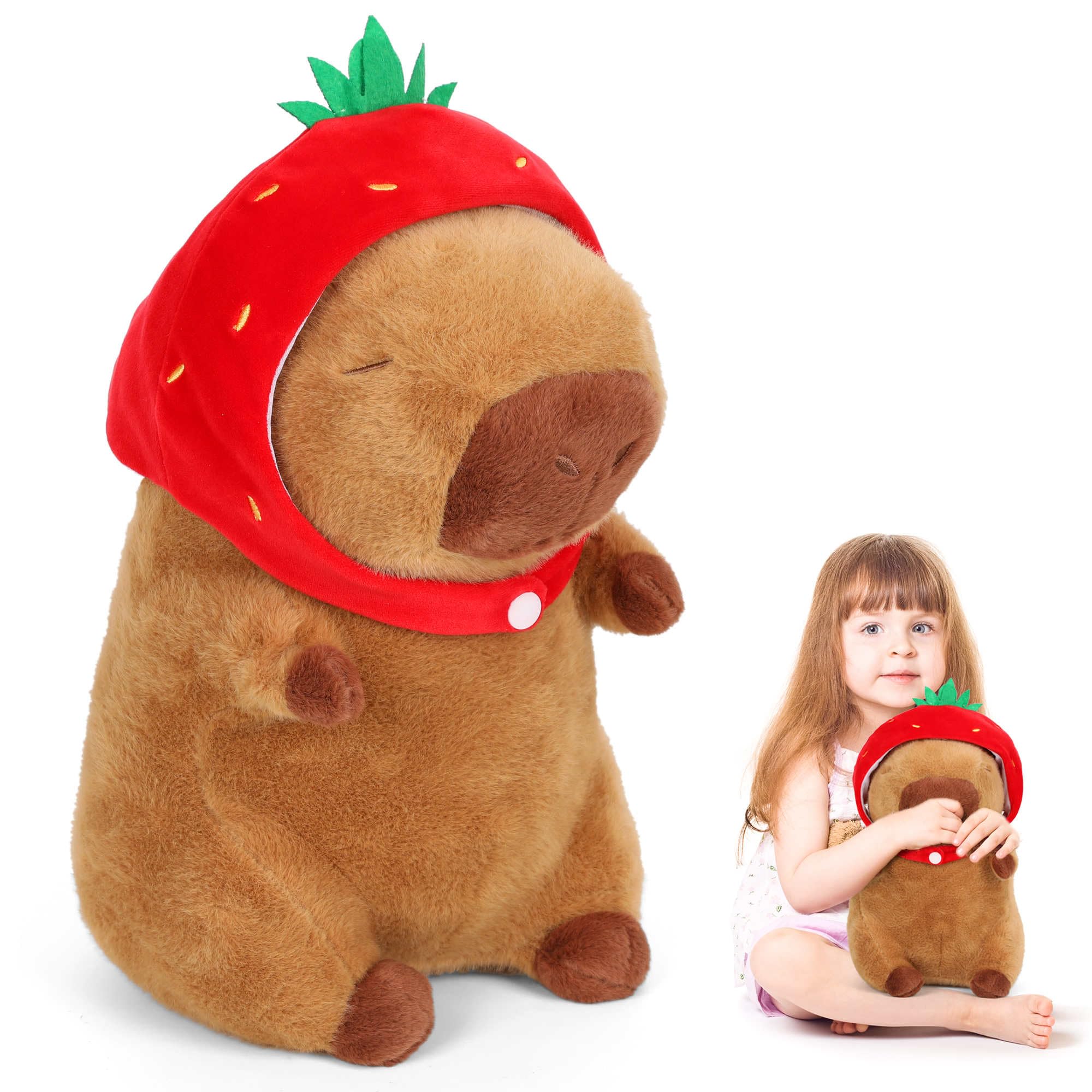 Cute Capybara Plush Wearing Strawberry Hat, 12 INCH Soft Capybara Doll Pillow for Kids Boys Girls Birthday Gifts