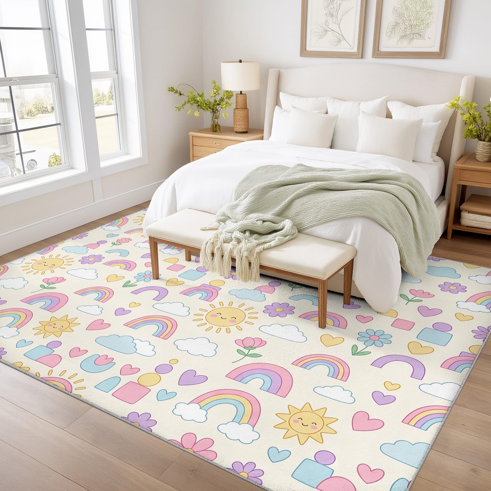 Playful Kids Area Tappeto 80 x 120 cm, beige, per soggiorno, camera da letto, decorazione per la casa, grazioso arcobaleno sole nuvola, tappeto ultra morbido antiscivolo per interni