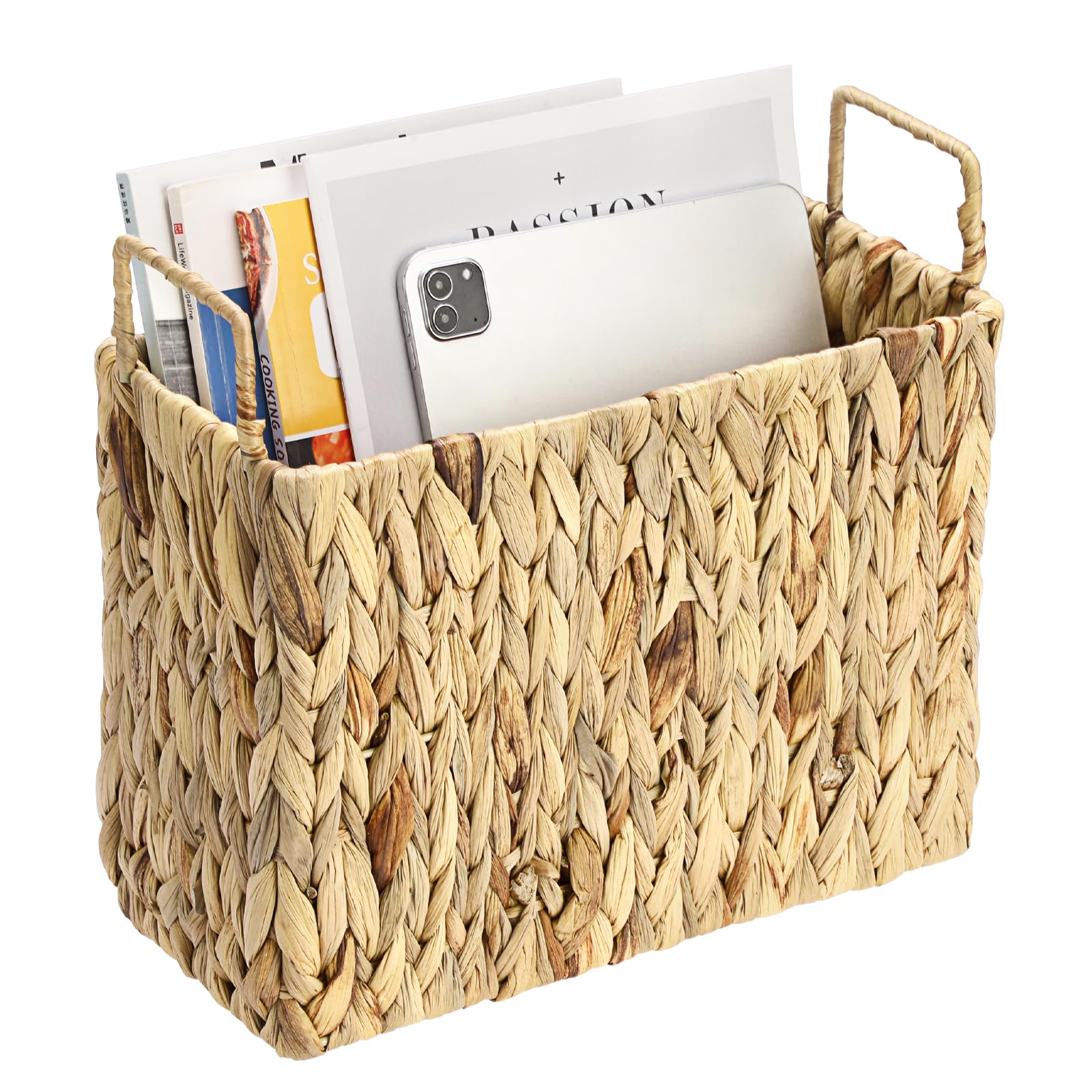 Porte-journaux robuste en jacinthe d'eau - Panier de rangement tissé avec poignée - Porte-documents peint à la main - Panier en osier pour livres, magazines, papiers comme décoration cadeau