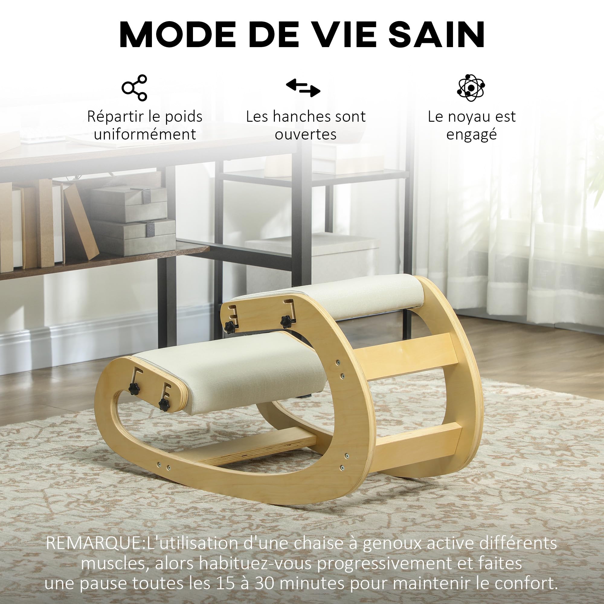 HOMCOM Siège Assis Genoux, siège Ergonomique en Bois à Bascule, Chaise à Genoux réglable pour Bureau à Domicile, améliorer la Posture, maux de Dos, crème