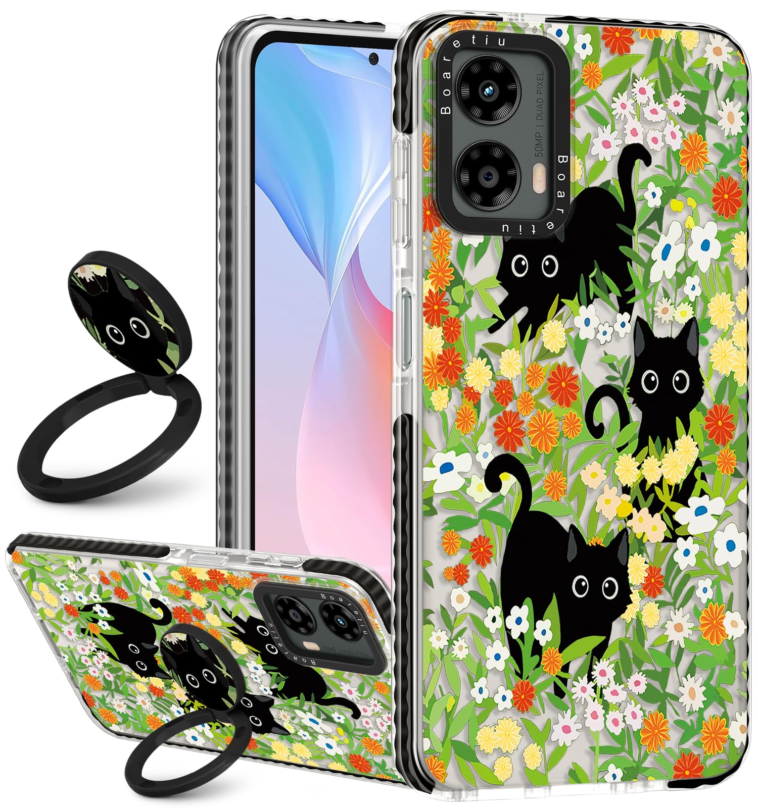Boaretiu Cute Kawaii Case for Motorola Moto G 5G 2024 with Stand - Fashion Cool 360° Rotate Ring Holder Kickstand Design for Women Girls Boys Teens