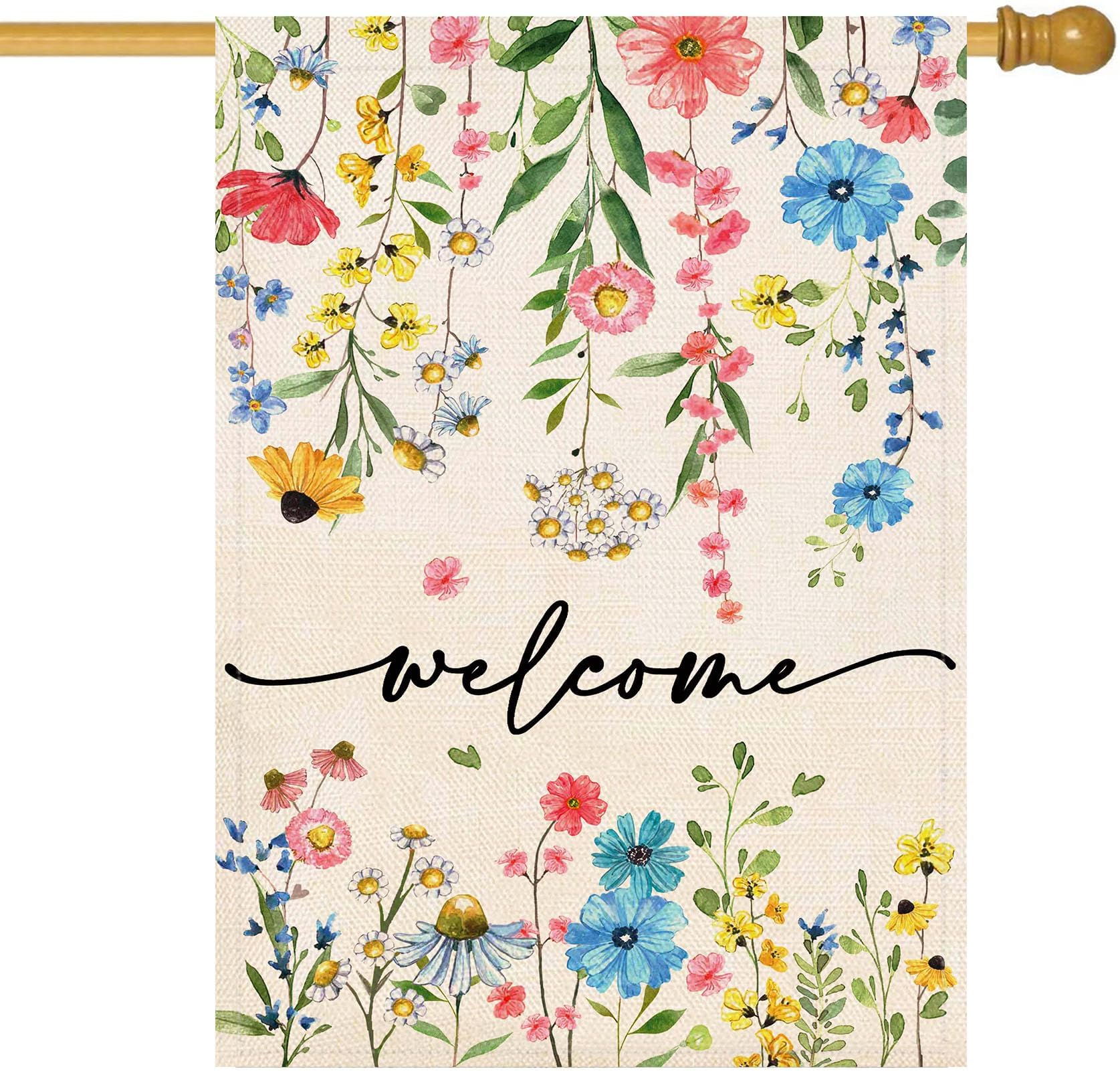 Baccessor Spring Summer Welcome Floral House Flag 28x40 Inch Double Sided Large Yard Flag Outside Outdoor Seasonal Burlap Flowers Flags Home Patio Decoration