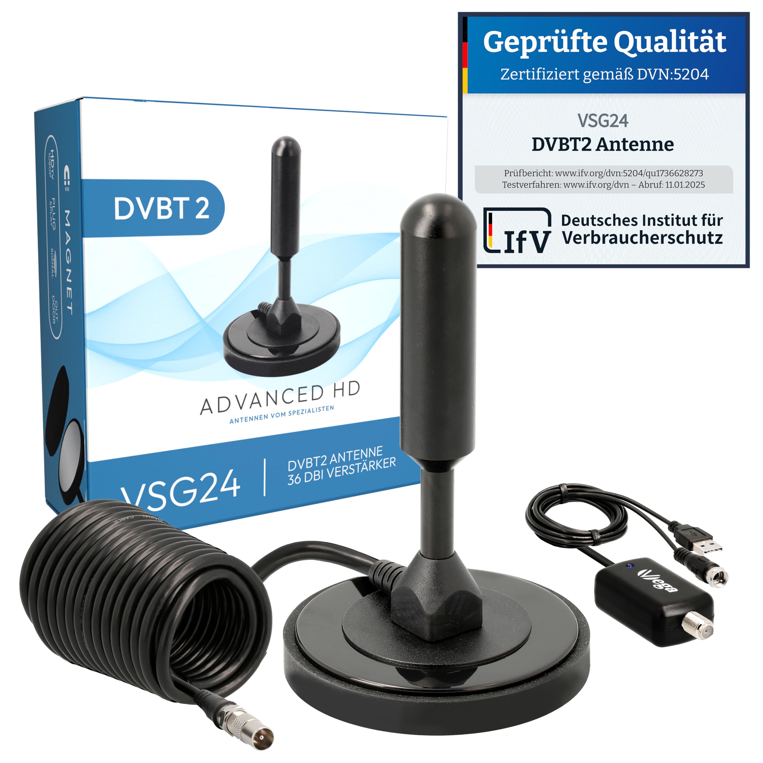 VSG Powerful DVB-T2 antenna & active 36DBi amplifier / AVK25 36DBi Power-Plus/ALU solid core/DVB-T2 & DVBT2-HD/digital Ready/magnetic base & 5m cable/for all DVB-T2 devices/Black
