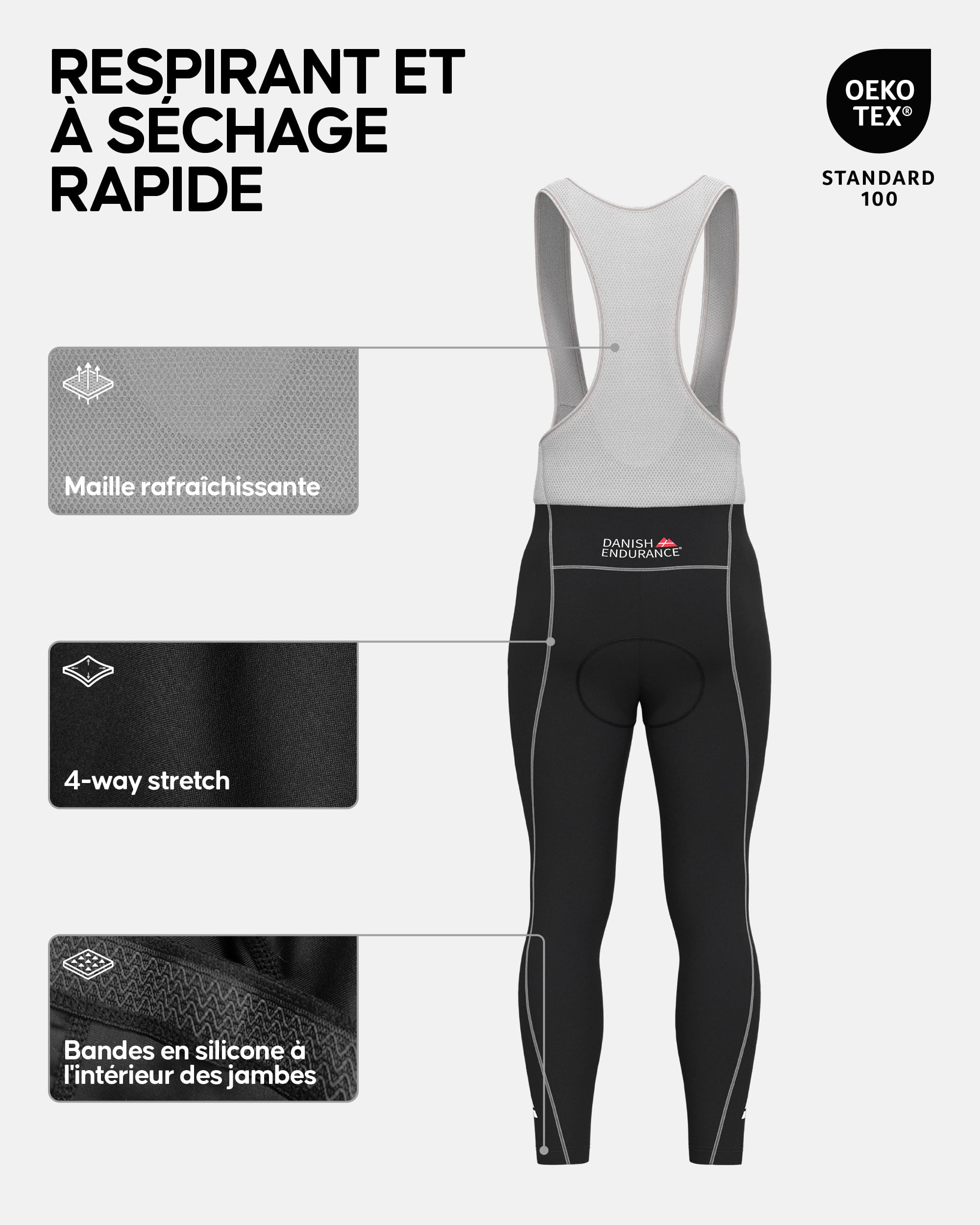 DANISH ENDURANCE Cuissard Vélo Long à Bretelles, Rembourrage 3D, Respirant & Stretch, Cyclisme Homme