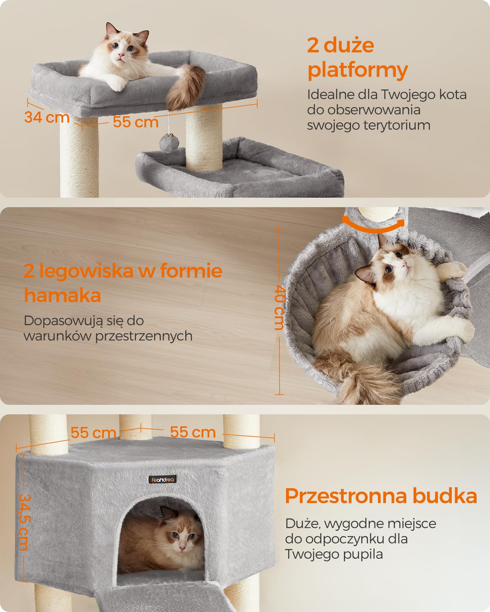 Feandrea Drzewko dla kota, duże, wielopiętrowe, XXL, 55 x 55 x 186,7 cm, słupki sizalowe o średnicy 11 cm, dla kotów rasy Maine Coon, w kolorze gołębiej szarości i kremowej bieli PCT008G01
