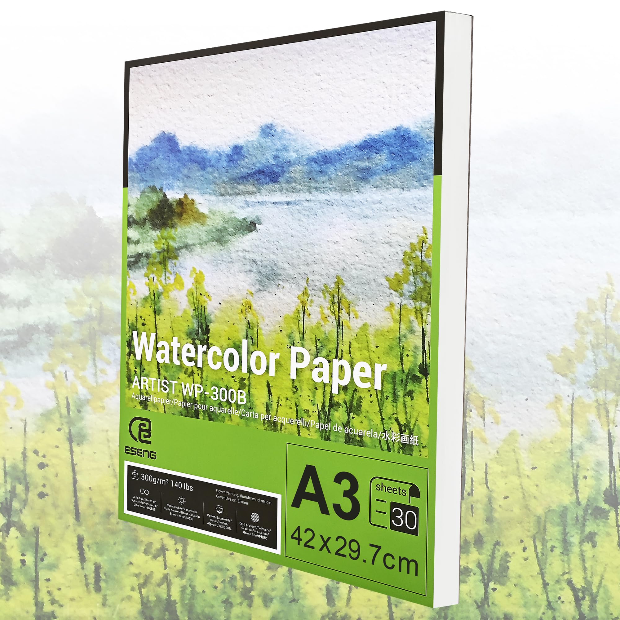 ESENG® Premium Papier Aquarelle DIN A3, 100% Coton - 30 Feuilles - 300 g/m² - Blanc, Bloc Aquarelle, Bloc à Dessiner, Papier pour Aquarelle, Dessin, Peinture