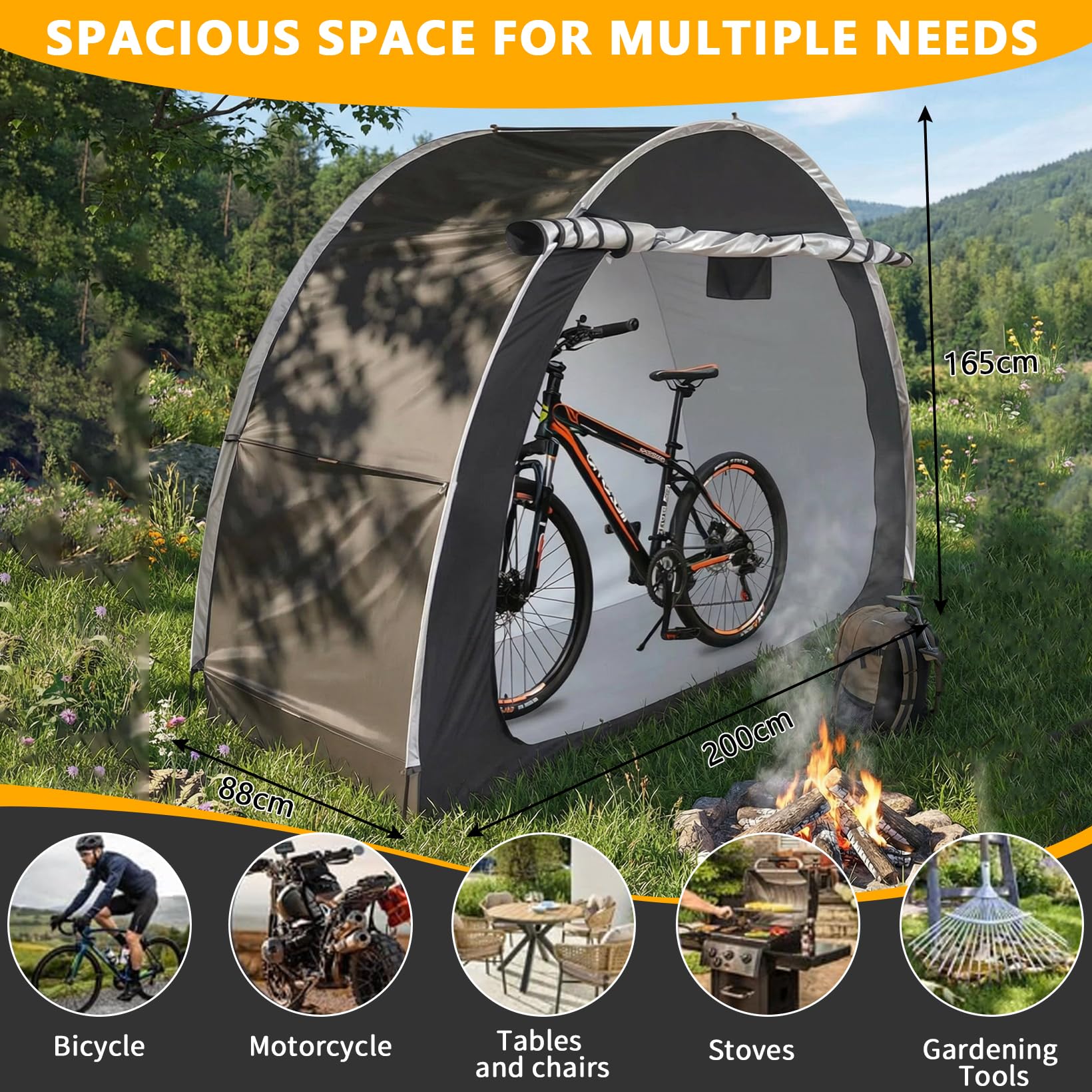 Fahrradlagerzelt für Fahrräder, Fahrradzelt 200 * 88 * 165CM, Außendurchführbares 210D Oxford Wasserdichtes Fahrradcover mit Lüftungsfenster, für Fahrräder, Rasenmäher, Gartengeräte(Schwarze