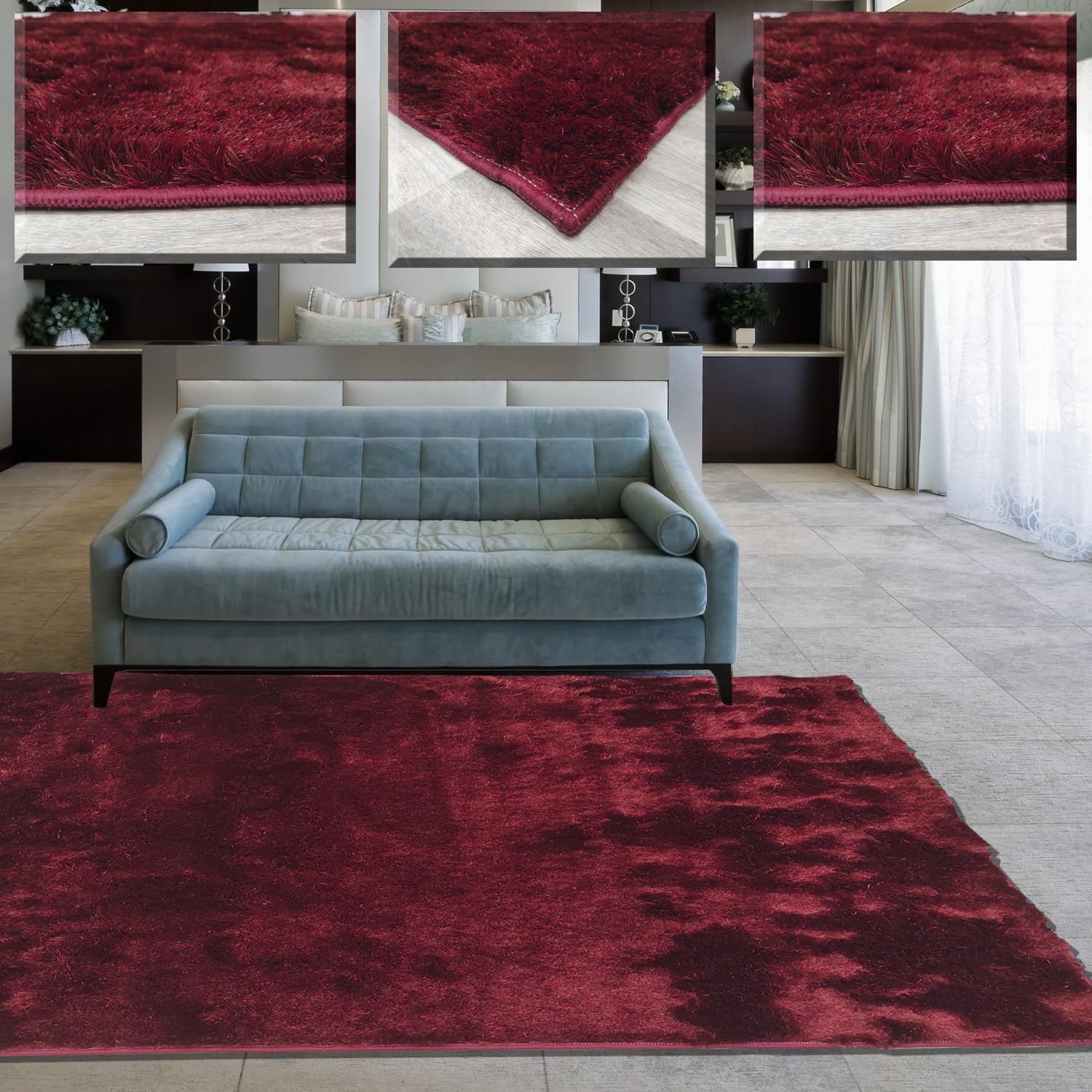 Tadi & Imperio1979 Alfombra de Pelo Largo para salón, Sala de Estar y Comedor, de Color Rojo de Tacto Muy Suave