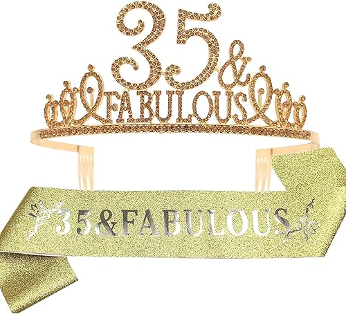 Banda y tiara de cumpleaños número 35 para mujer, fabulosa banda con purpurina + fabulosa tiara de metal dorado de diamantes de imitación para ella,