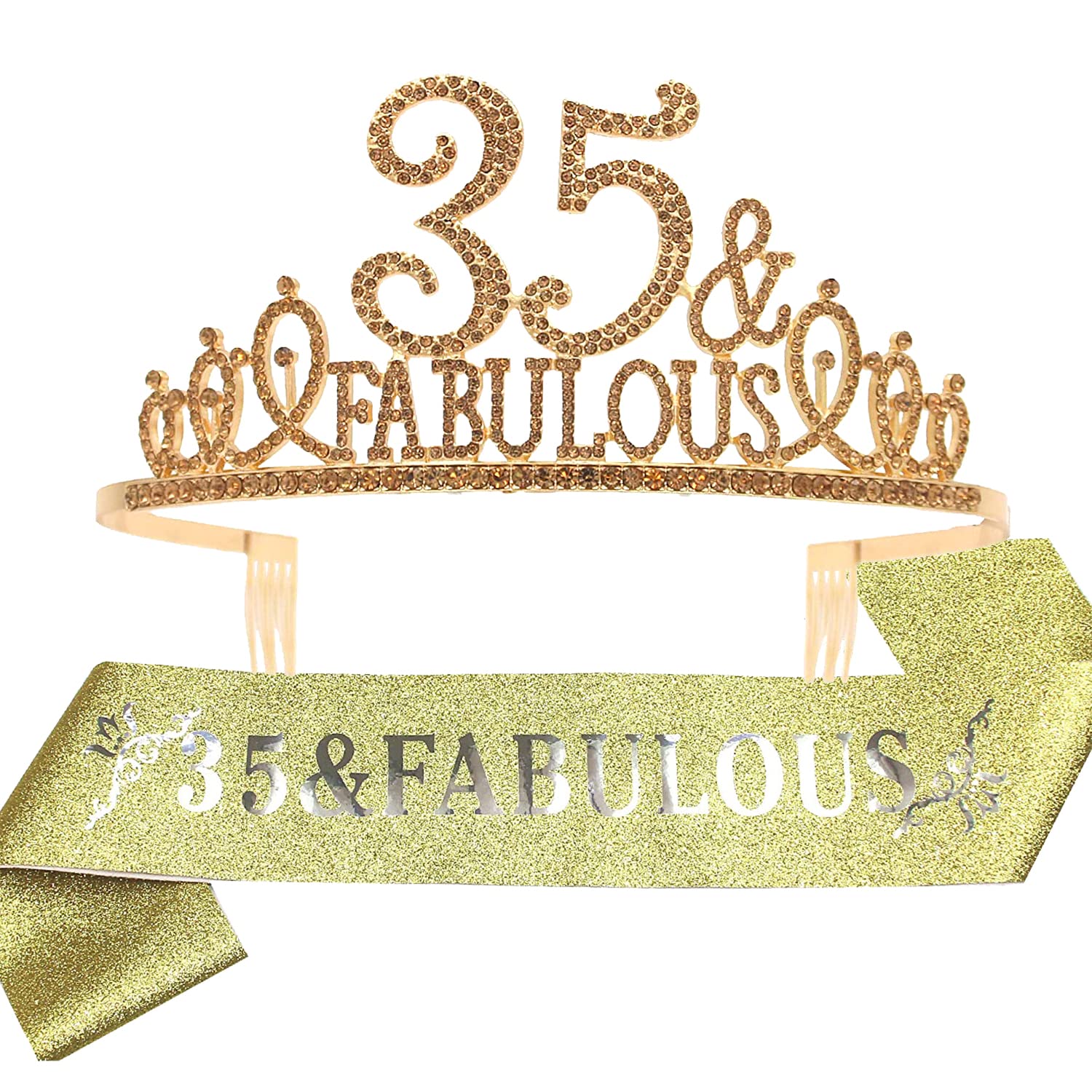 35th Birthday Sash and Tiara for Women - Fabulous Glitter Sash + Fabulous Rhinestone Gold Premium Metal Tiara for Her, 35th Birthday Gifts for 35 Party