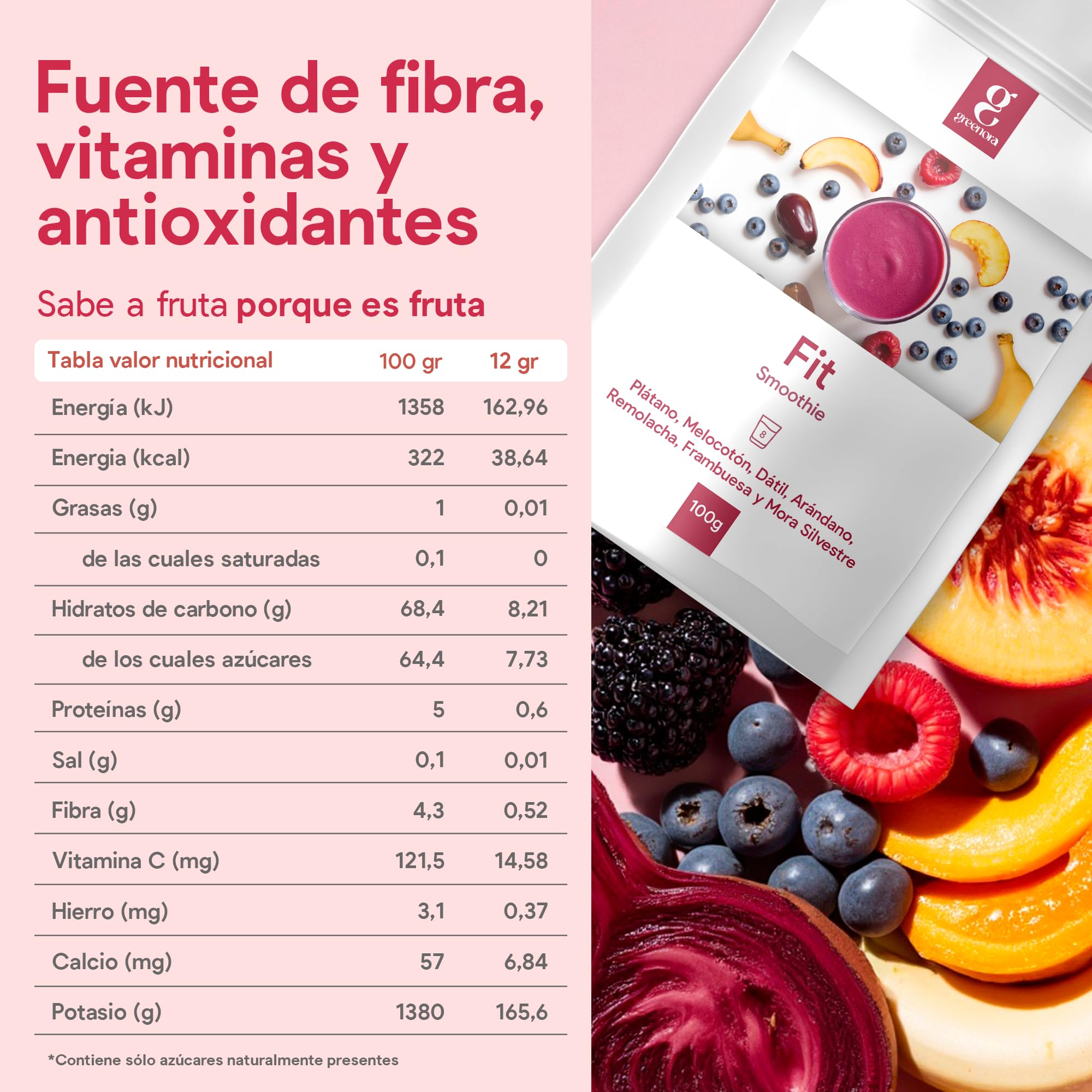 GREENORA Fruta Liofilizada en Polvo de Plátano, Melocotón, Dátil, Arándanos, Remolacha, Frambuesa y Mora, Ideal para Smoothies, Bowls y Recetas, Sin Azúcar, 8 Servicios