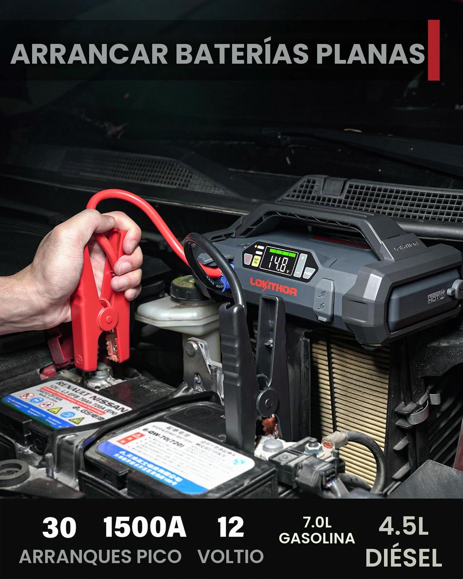 LOKITHOR JA300 Arrancador de Coche 1500A con Compresor 150 PSI | Compresor de Aire de 150 PSI y Pantalla Digital, para Motores de Gasolina 7,0L y Diésel 4,5L
