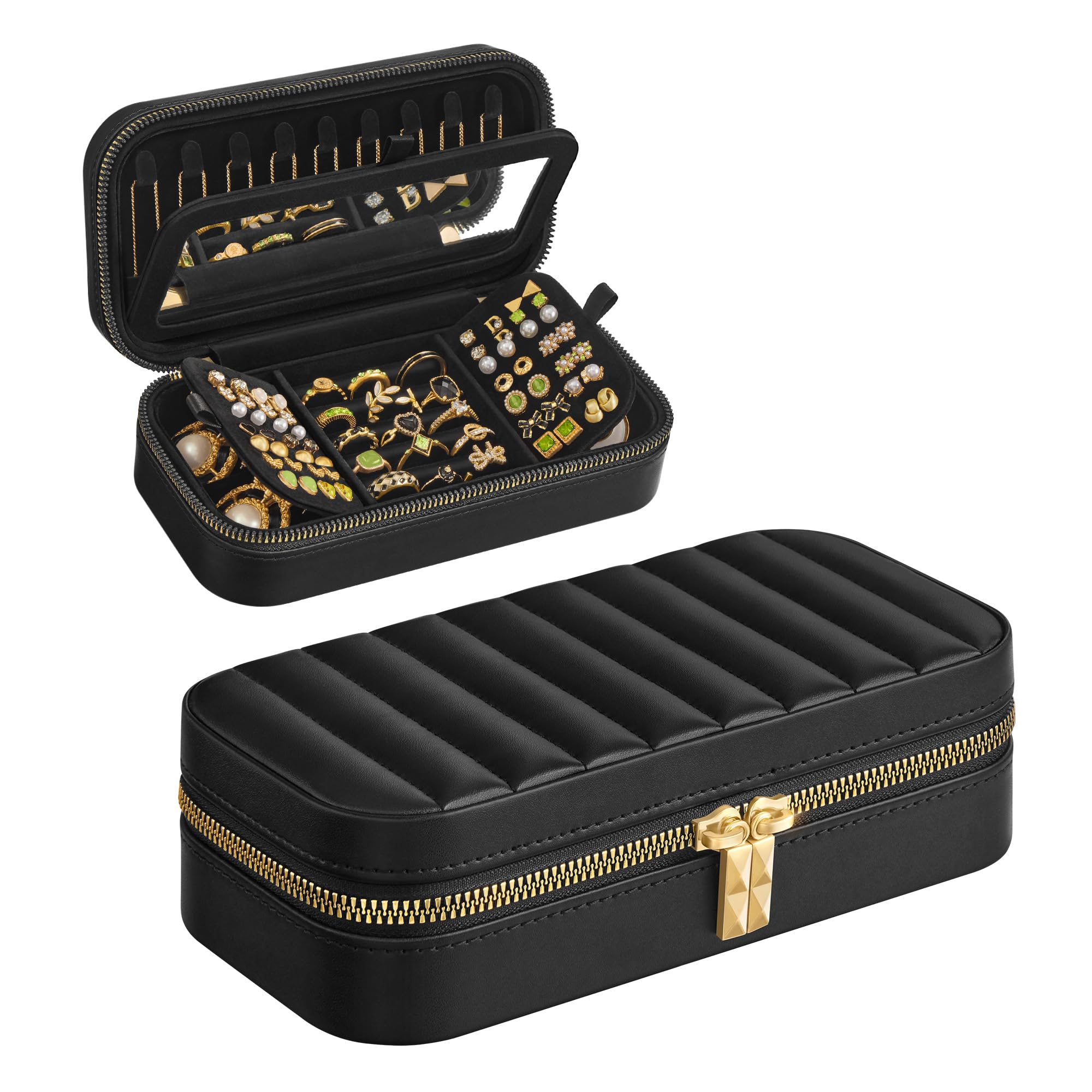 SONGMICS HOME Travel Jewelry Case, Small Jewelry Box Organizer with Mirror, 4.1 x 8 x 2.4 Inches, PU Surface with Stitching, Portable, Ink Black, ANAH Collection UJBC180B01