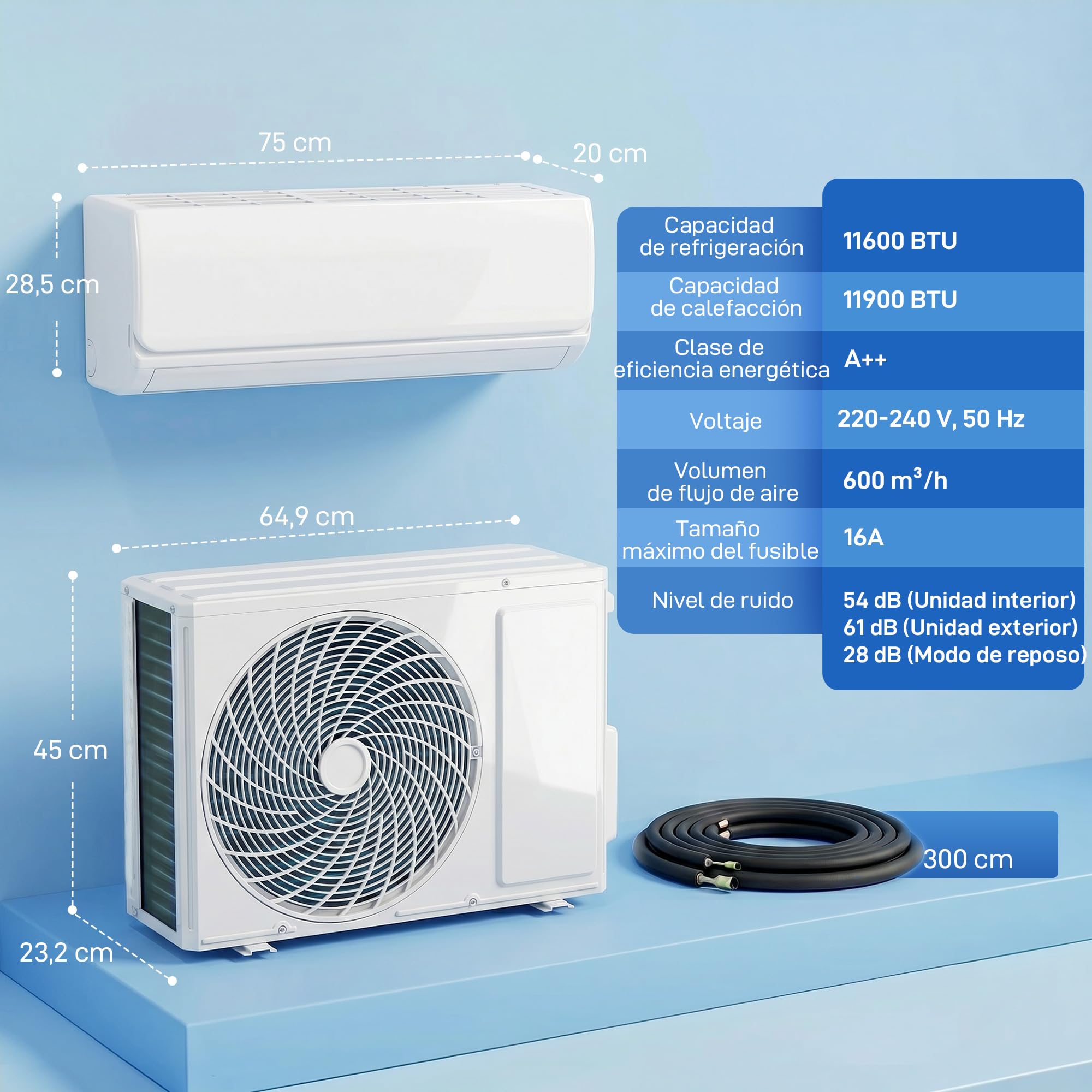 HOMCOM Aire Acondicionado Split 12000 BTU, Bomba de Calor, Aire Acondicionado Inverter, Clase A++, WiFi y Control por Voz, hasta 18 m², Pantalla LED, Mando a Distancia