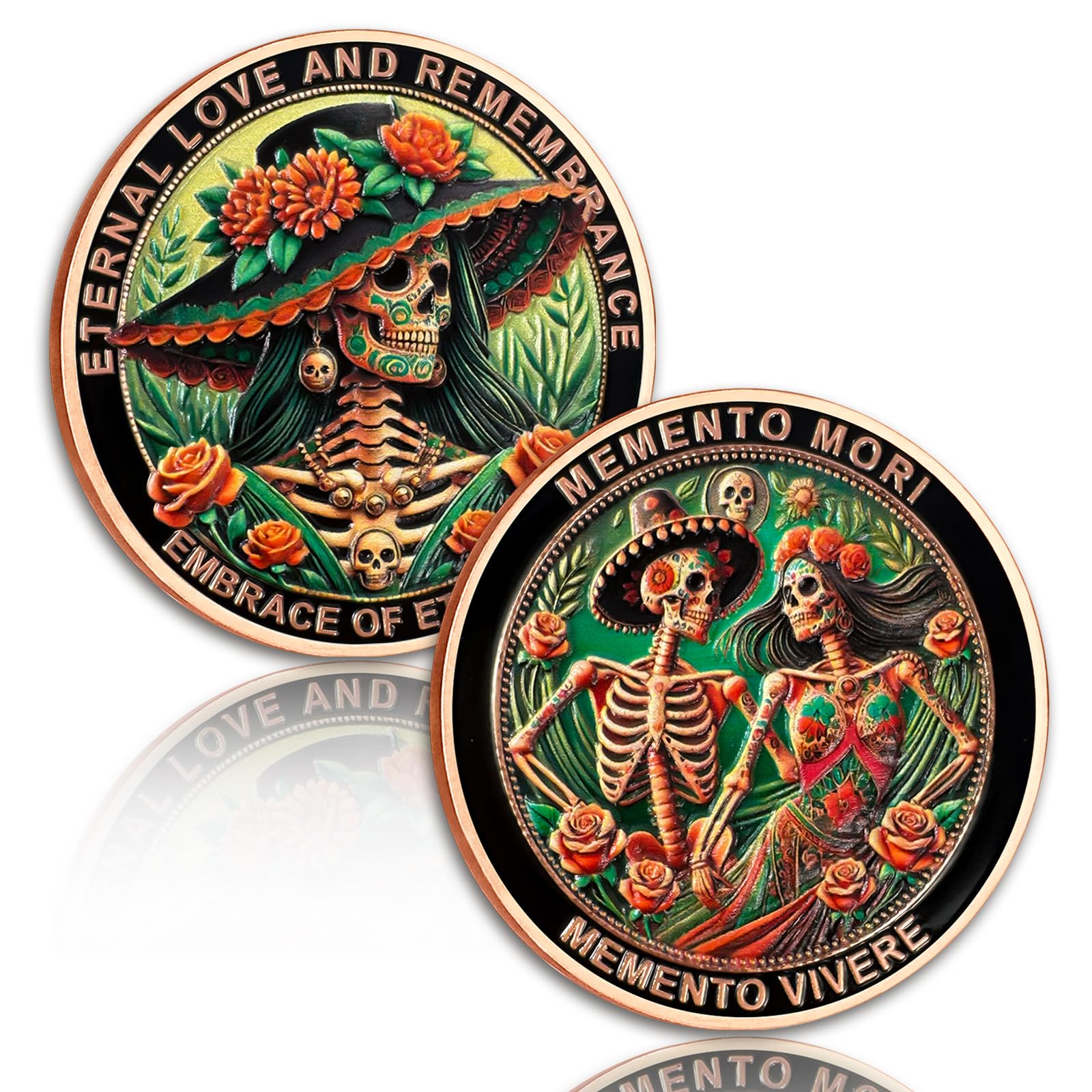 Mexican Women and Men Memento Mori Coin Mexican Style Skull Coin 3D Skull Cion Cool Stoic Coins Day of the Dead Challenge Coin EDC Medallion Reminder Token Daily Stoic Gifts For Men Women