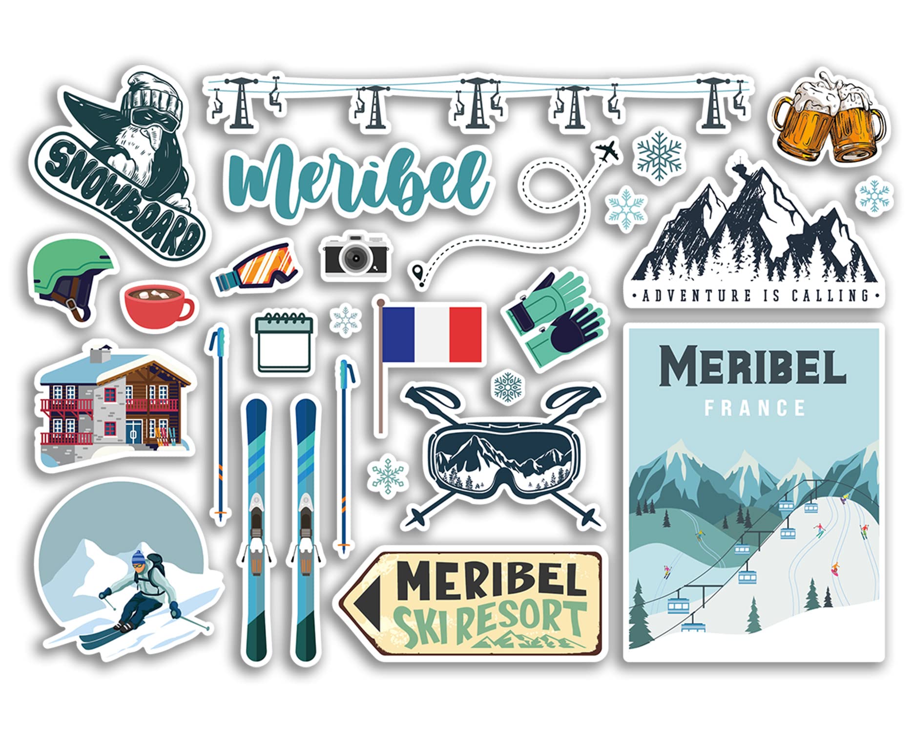 Dv Design Multi A5 Sticker Sheet Meribel Vinyl Stickers - France French Ski Resort Mountains Snowboard Holiday Flag Travel Snow Sports Luggage Scrapbooking #79050