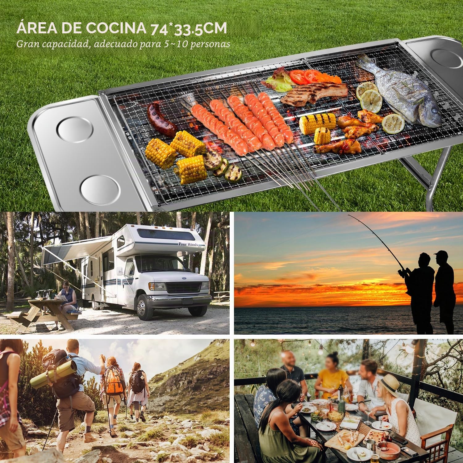 Set de parrilla para carbón vegetal SunJas que incluye ventilador, pinzas de barbacoa, tenedor, espátula para barbacoa y 12 pinchos para brochetas, barbacoa de mesa plegable para viaje