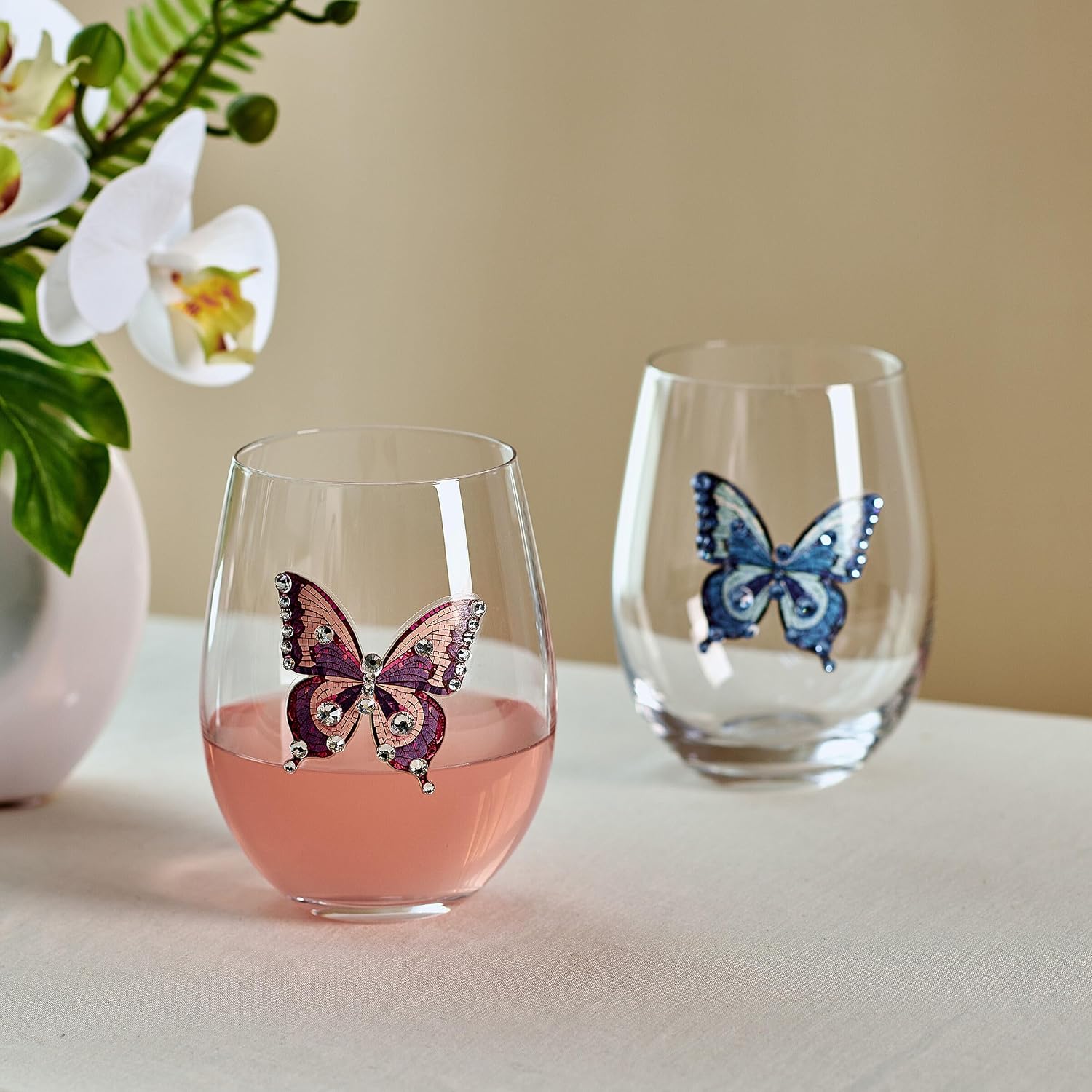 Dolly Parton Jeweled Mosaic Pink Blue Set of 2 Butterfly Stemless Wine Glasses, Rhinestone Accent, Cocktail Beverage Drink, 18 Ounce