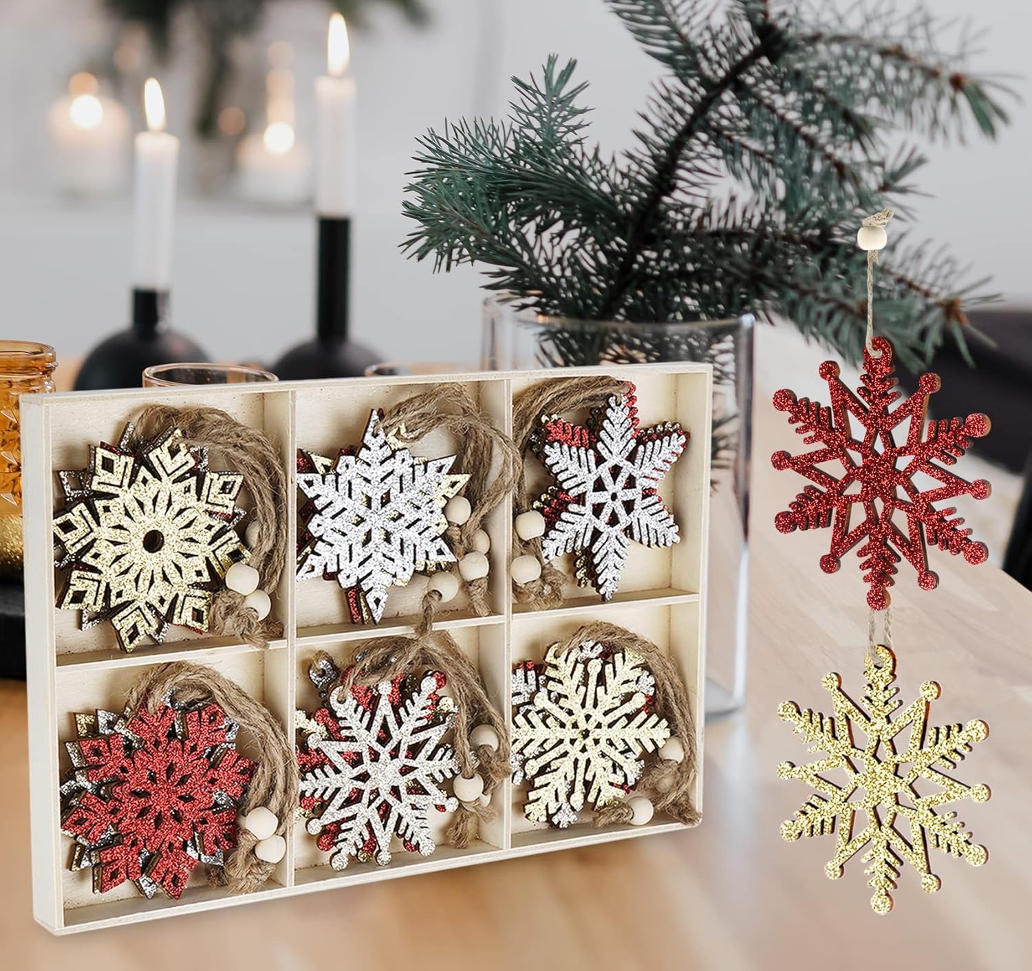 Ilauke Flocons De Neige En Bois De Noël Ornement,24Pcs Artisanat En Bois De Flocon,6 Styles Deco Noël Bois Flocon Avec Ficelle De Chanvre,Suspension Noël En Bois Pour Décoration De Fête D'hiver-7cm