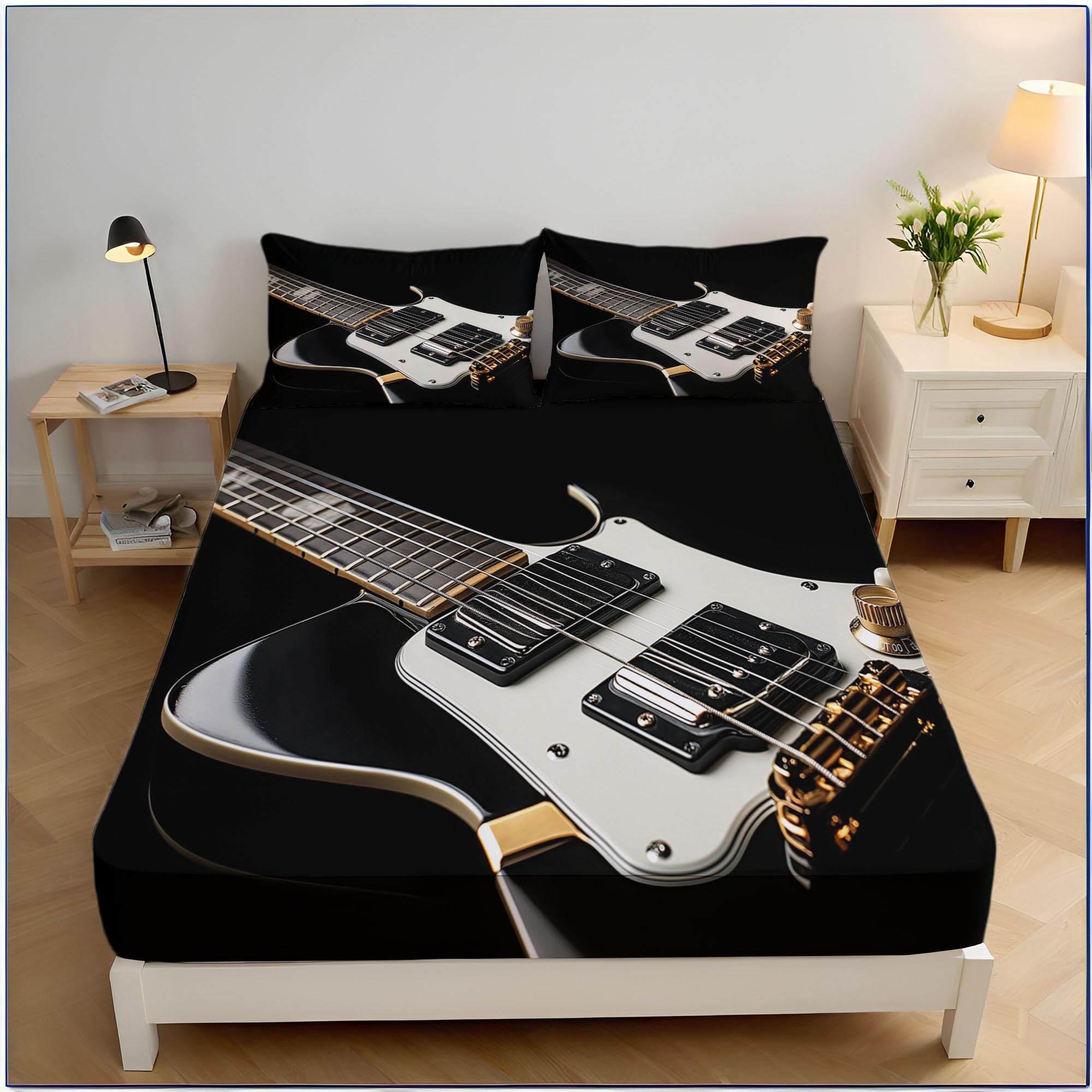 Drap housse 200x200 cm noir avec imprimé guitare moderne art pour matelas 30 cm