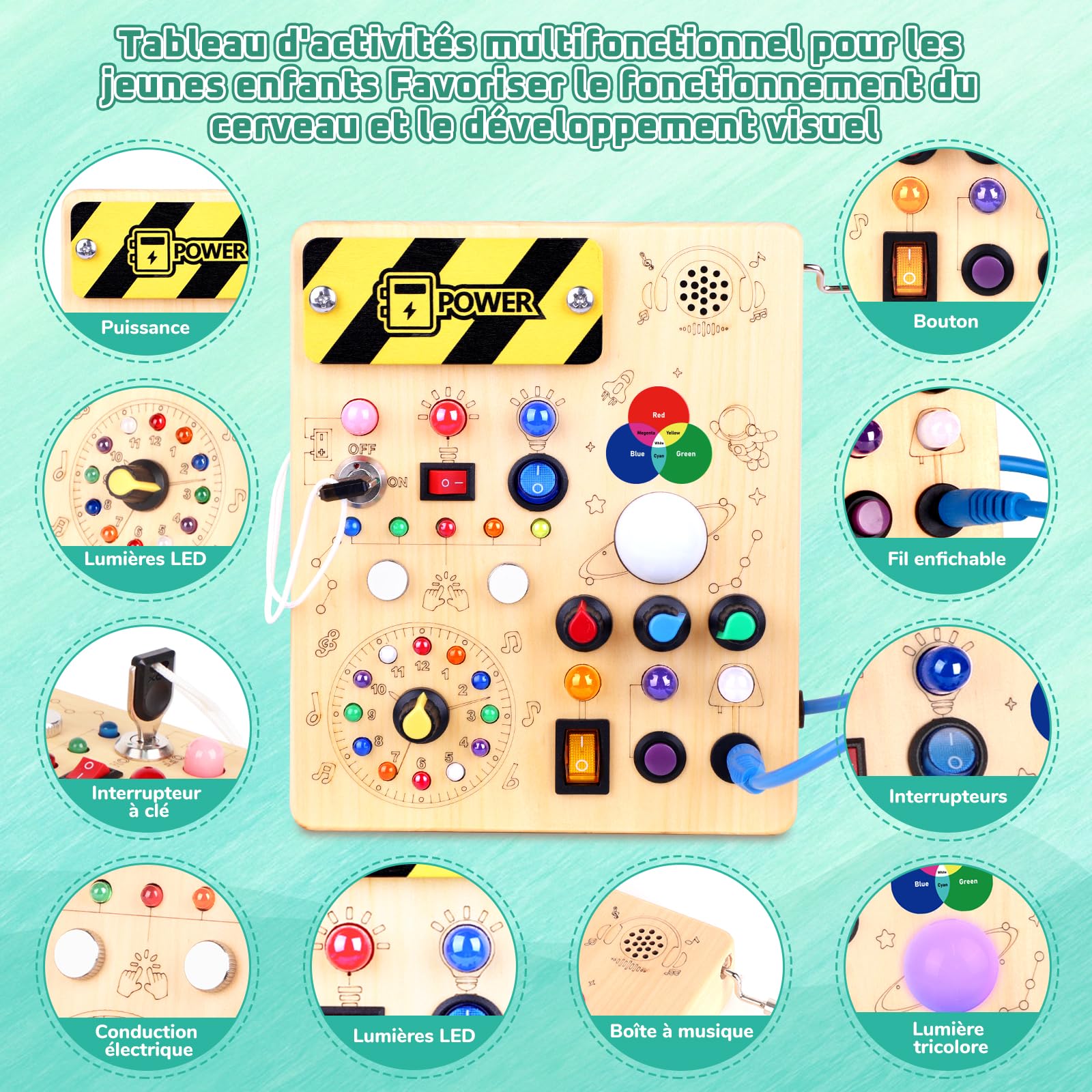Montessori Busy Board 1 an Enfants Activity Board Jouets en Bois avec 12 Interrupteurs 24 Lumières LED Jouets Sensory Learning Toys Jeux Jeu Montessori Jouet Enfant Bebe 1 2 3 Ans Cadeau Enfant