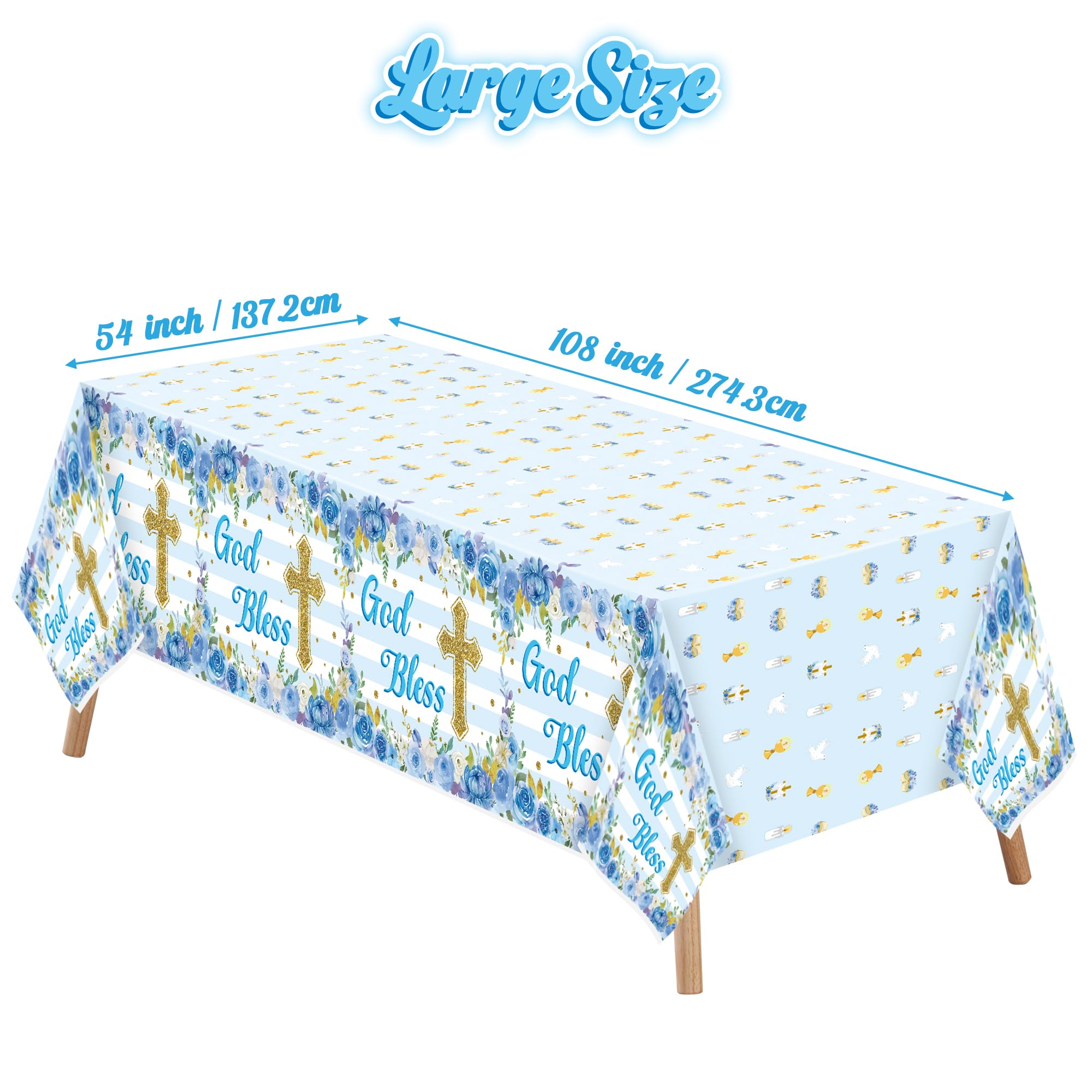 Paquete de 6 manteles de fiesta de bautizo, color azul, con temática de flores, desechables, impermeables, rectangulares, para niños, bebés, primera comunión, suministros para fiestas