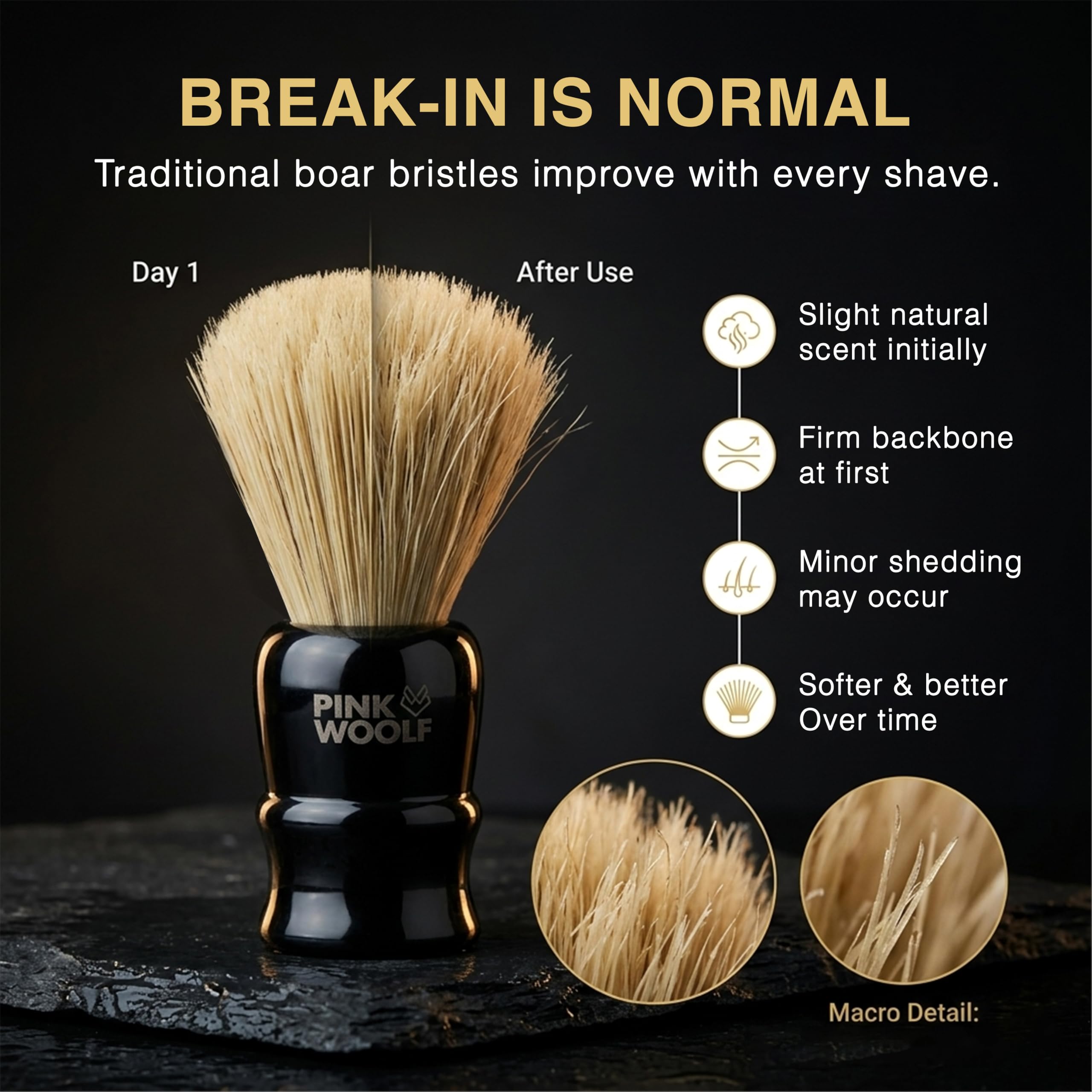 Pink Woolf Boar Shaving Brush for Men | Natural Bristles for Rich Lather & Gentle Exfoliation | Traditional Wet Shaving Brush for Soap & Cream (Shaving Brush (Black Acrylic Handle), 1) 2
