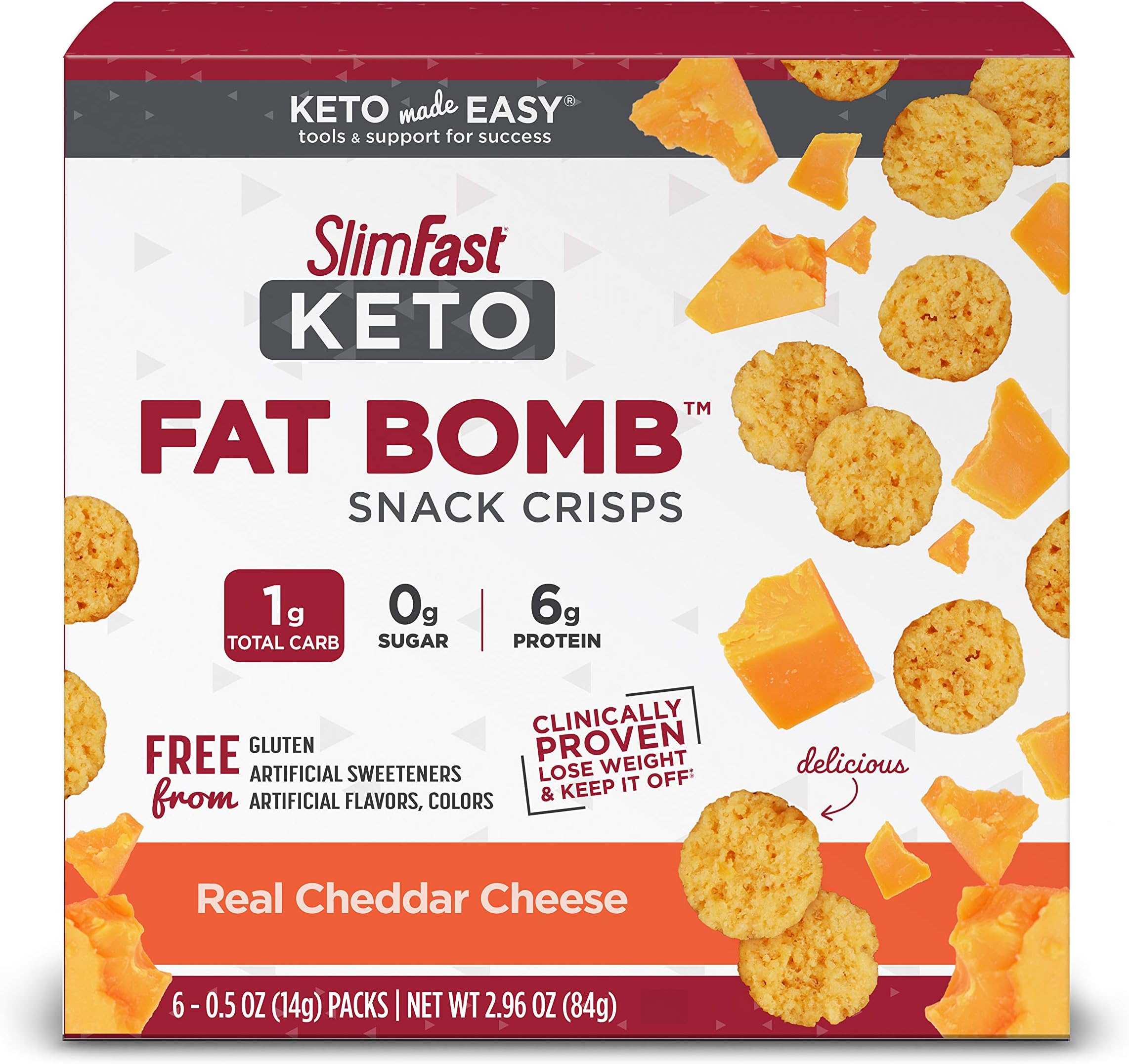 SlimFast Low Carb Snacks, Real Cheddar Cheese Crisps, Keto Friendly, with 6g of Protein, 6 Count Box (Packaging May Vary)