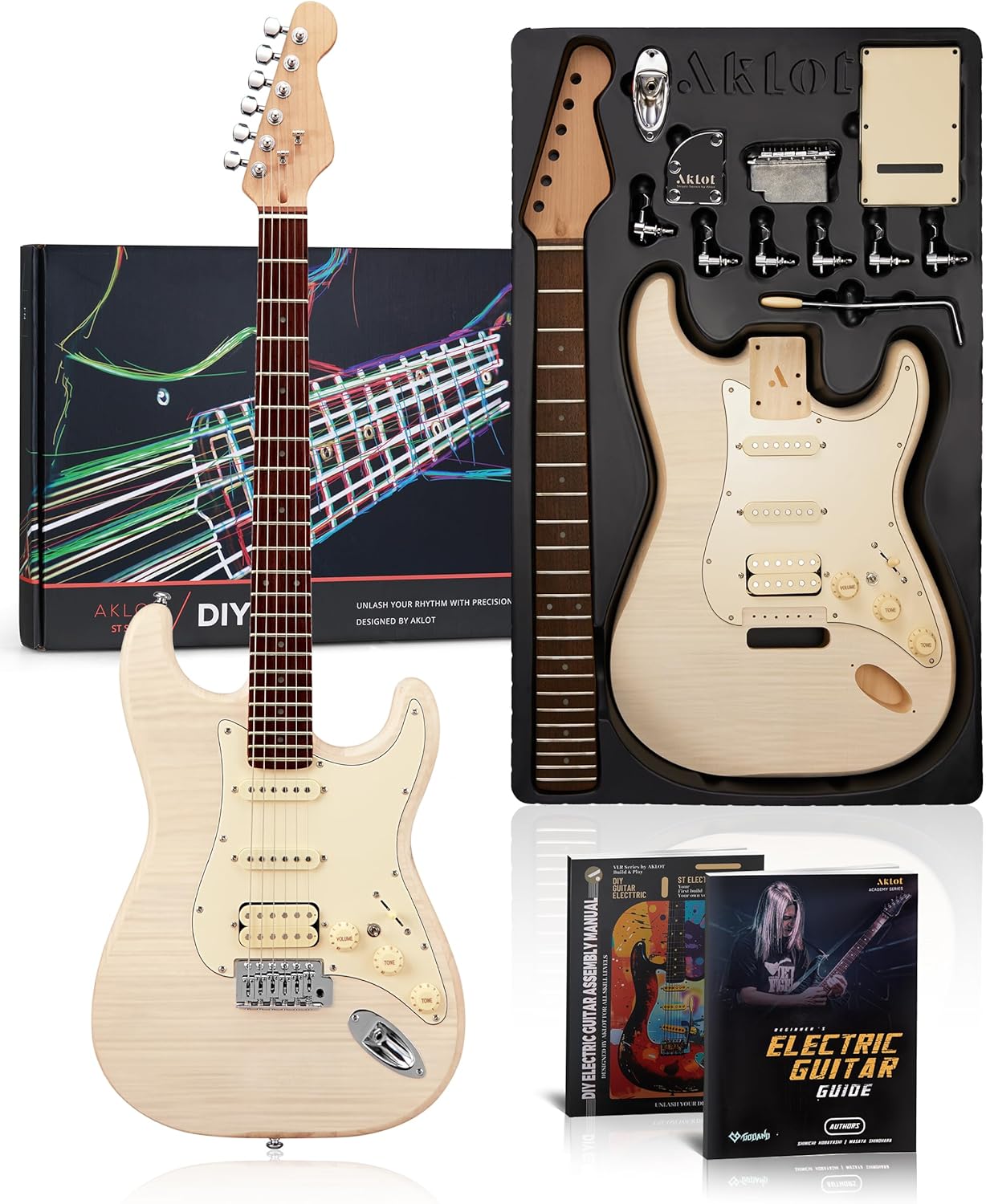 AKLOT DIY Electric Guitar Kit: Flame Maple Top, Roasted Maple Neck, HSS Pickups, Coil-Split, Glow-in-the-Dark Markers, All Components Included, Build Your Own Full-Size Guitar with Premium Accessories