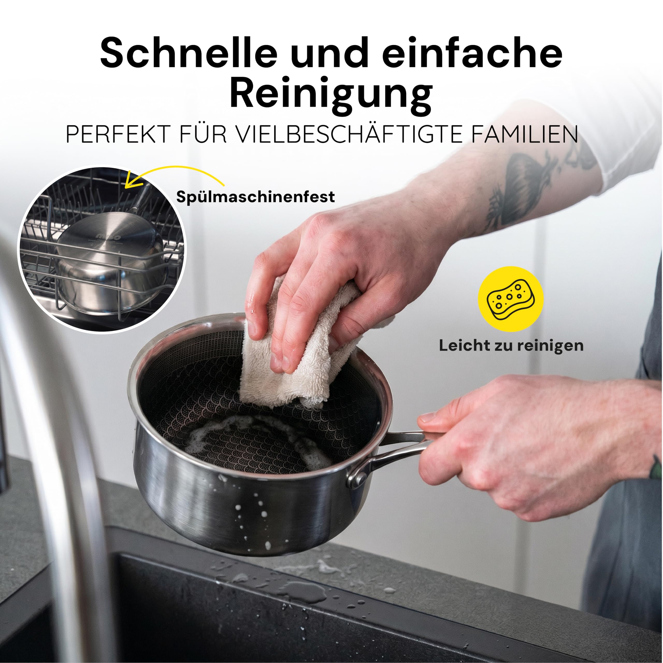 MISO Stielkasserolle mit Deckel 16cm (1,6L) Diamond Dust Keramik Non-Stick, Hochwertige Kasserolle aus Tri-Ply Edelstahl, 100% PFAS-frei, Induktion, spülmaschinen- & ofenfest
