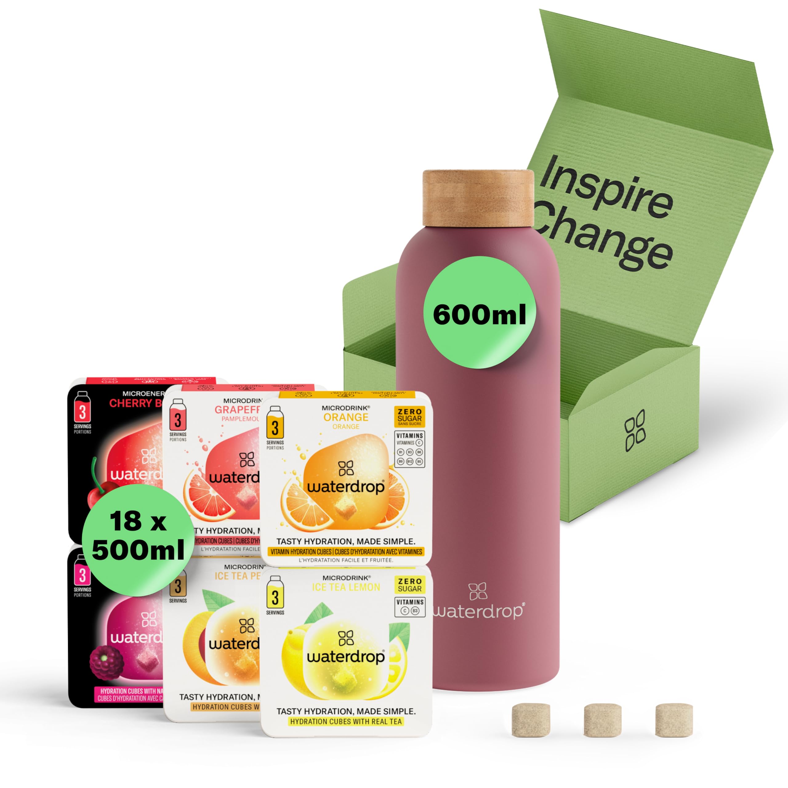 waterdrop® Coffret Dégustation Inox - Bouteille Isotherme 600ml + 18 Cubes à Boire en 6 Saveurs, Boisson en Cube avec Vitamine C & Vitamine B, Sans Sucre, Gourde d'Eau, Coffret Cadeau Femme & Homme