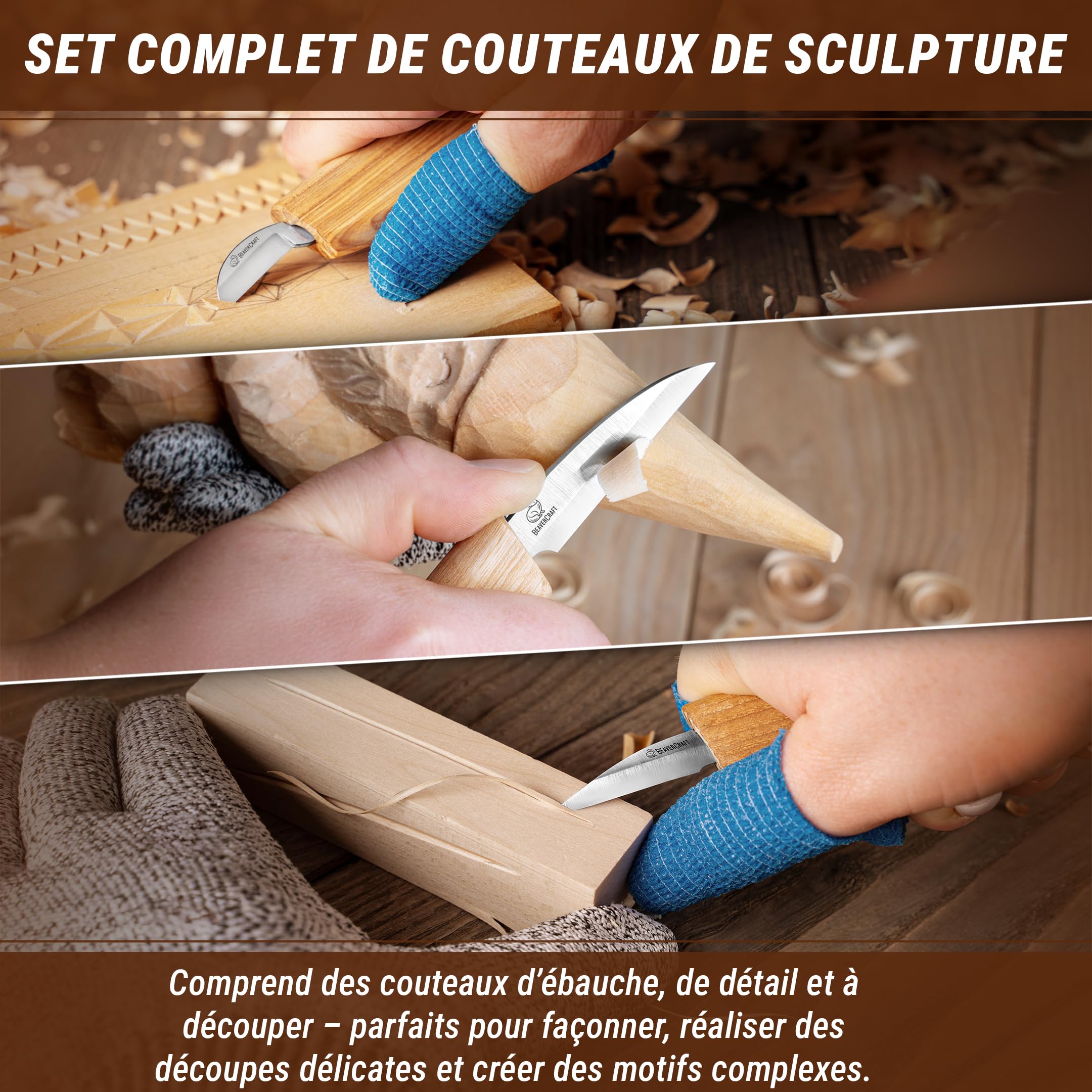 BeaverCraft Kit de Couteaux pour Travail du Bois S15 – Kit de Taillage pour Débutants et Enfants, Outils avec Couteaux Sloyd et de Détail, Strop en Cuir, Pâte à Polir et Tutoriels