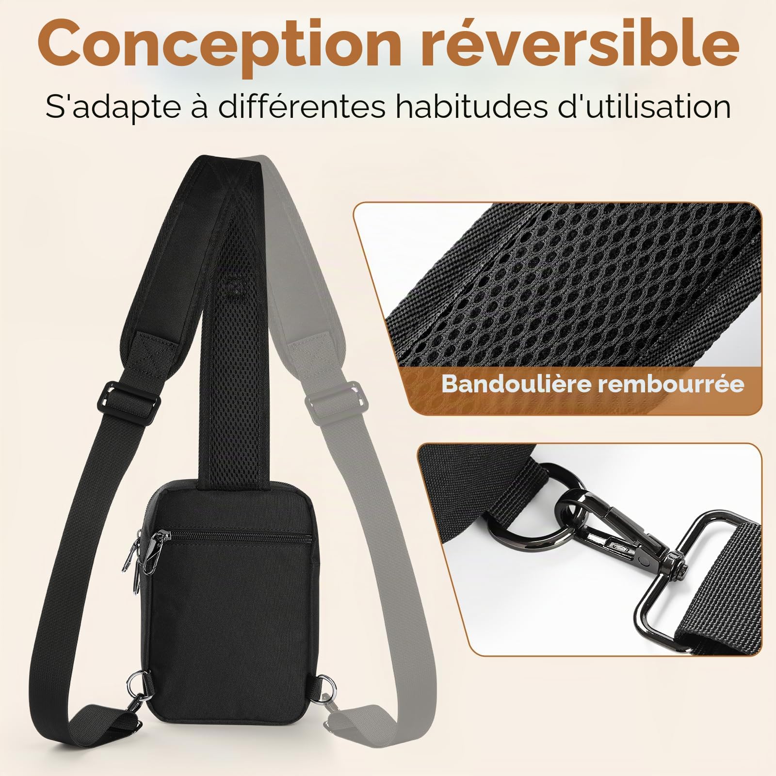 BROADREAM Sac à Bandoulière antivol - Tactique Sac de poitrine - Étanche sacoche homme - Petit sac à main avec fermeture éclair et blocage RFID