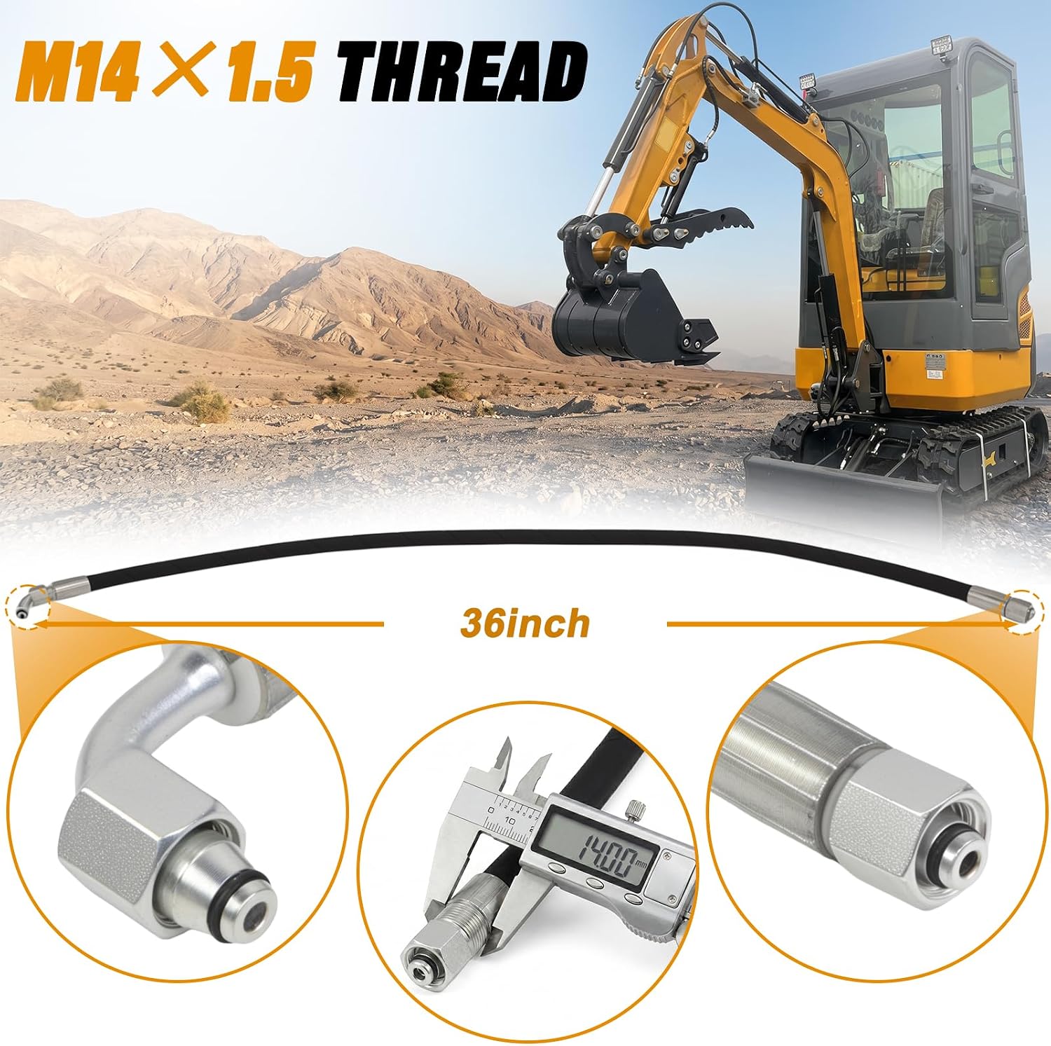 Mini Excavator Hydraulic Hose – M14x1.5 x 36 Inches, 90° One-String Fitting Compatible with Chinese-Made Mini Excavators (AGT & Similar Models)