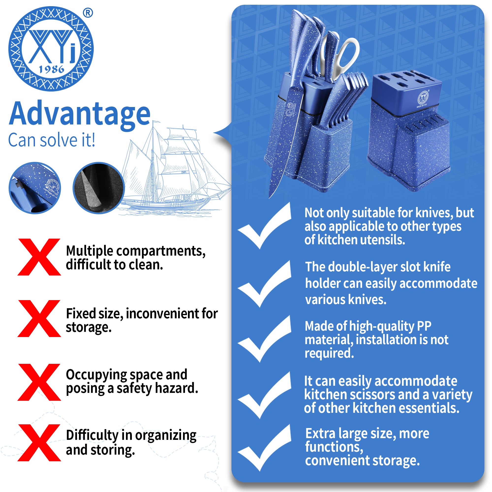 XYJ Authentic Since 1986 - Set di coltelli da cucina, in acciaio inox con portacoltelli, set professionale di coltelli da cucina giapponesi, per frutta, pane, coltello da bistecca, coltello da cuoco