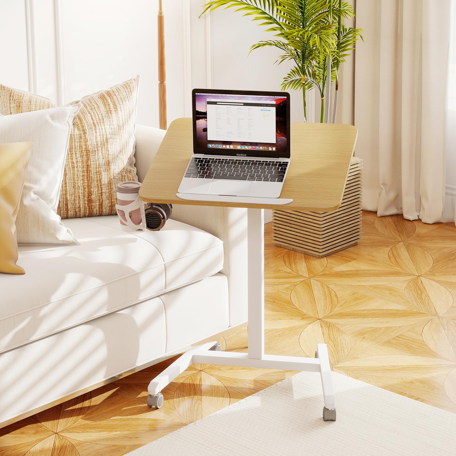 COSTWAY Beistelltisch höhenverstellbar mit Rollen, Stehtisch mit 90° neigbarer Tischplatte, Haken und Becherhalter, Stehpult, Laptoptisch für Wohnzimmer, Schlafzimmer